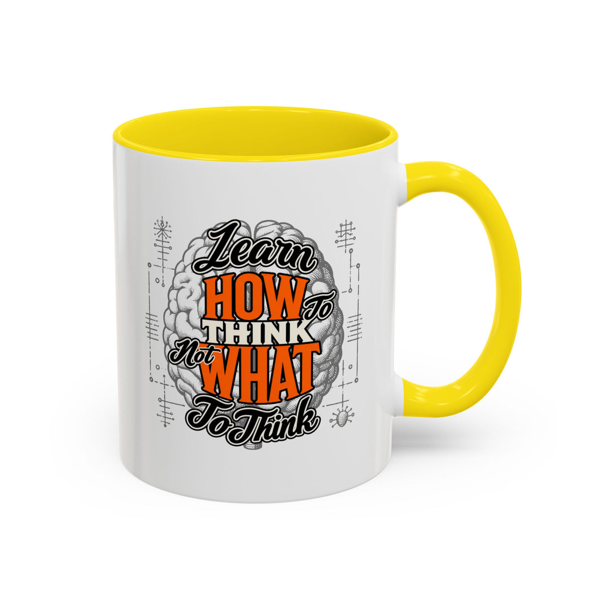Taza de café con acento: "Aprende a pensar, no qué pensar", taza con frase inspiradora
