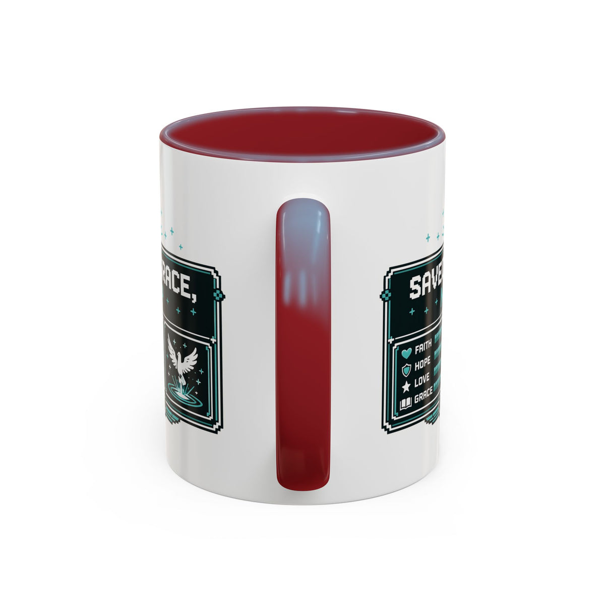 Christian Coffee Mug — "Saved by Grace, Not XP" Gamer Faith Accent Mug
