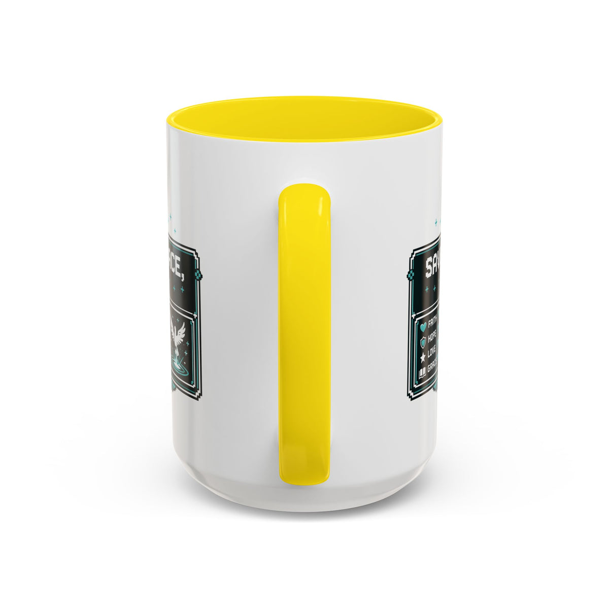 Christian Coffee Mug — "Saved by Grace, Not XP" Gamer Faith Accent Mug