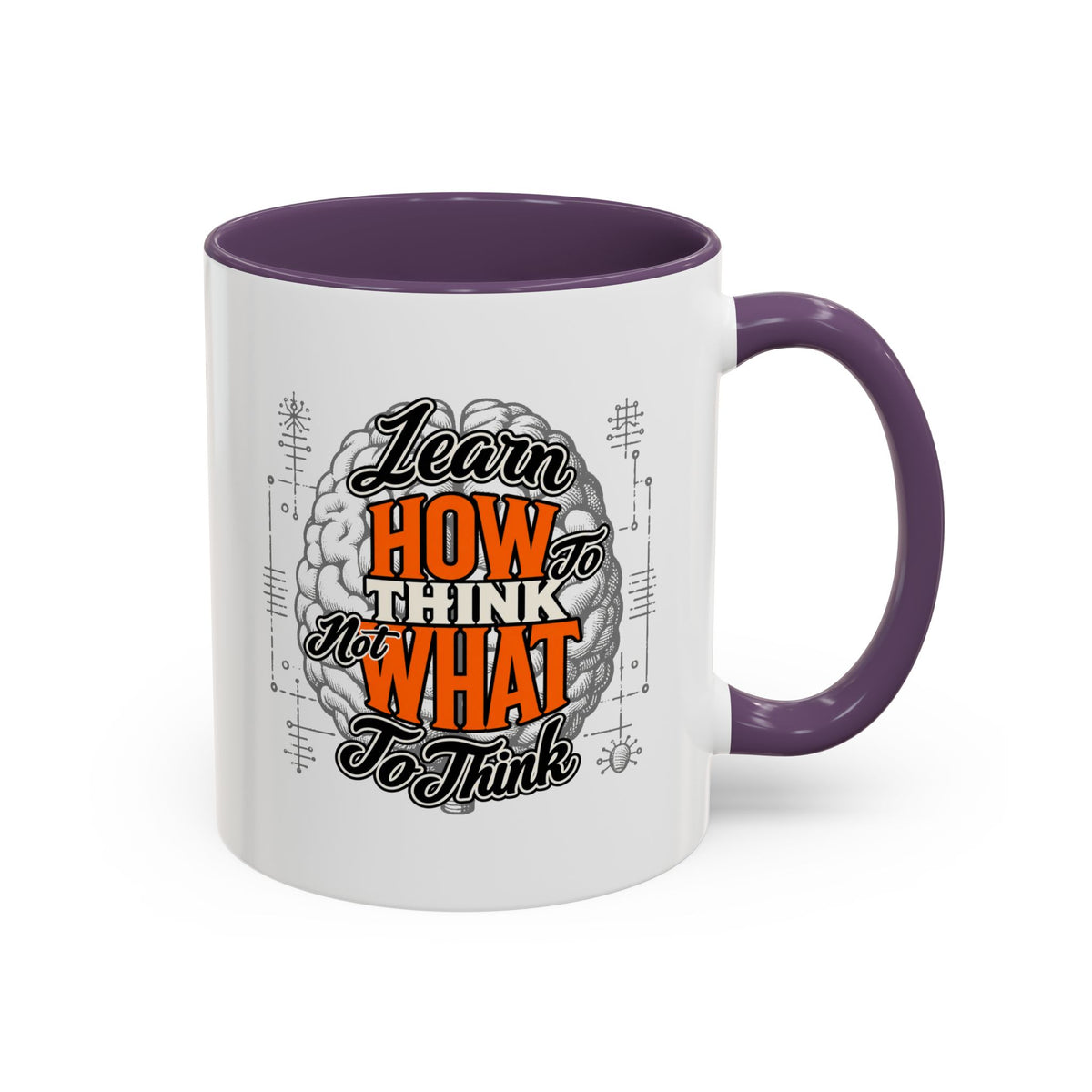 Taza de café con acento: "Aprende a pensar, no qué pensar", taza con frase inspiradora