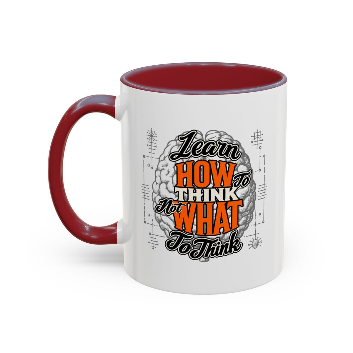Taza de café con acento: "Aprende a pensar, no qué pensar", taza con frase inspiradora