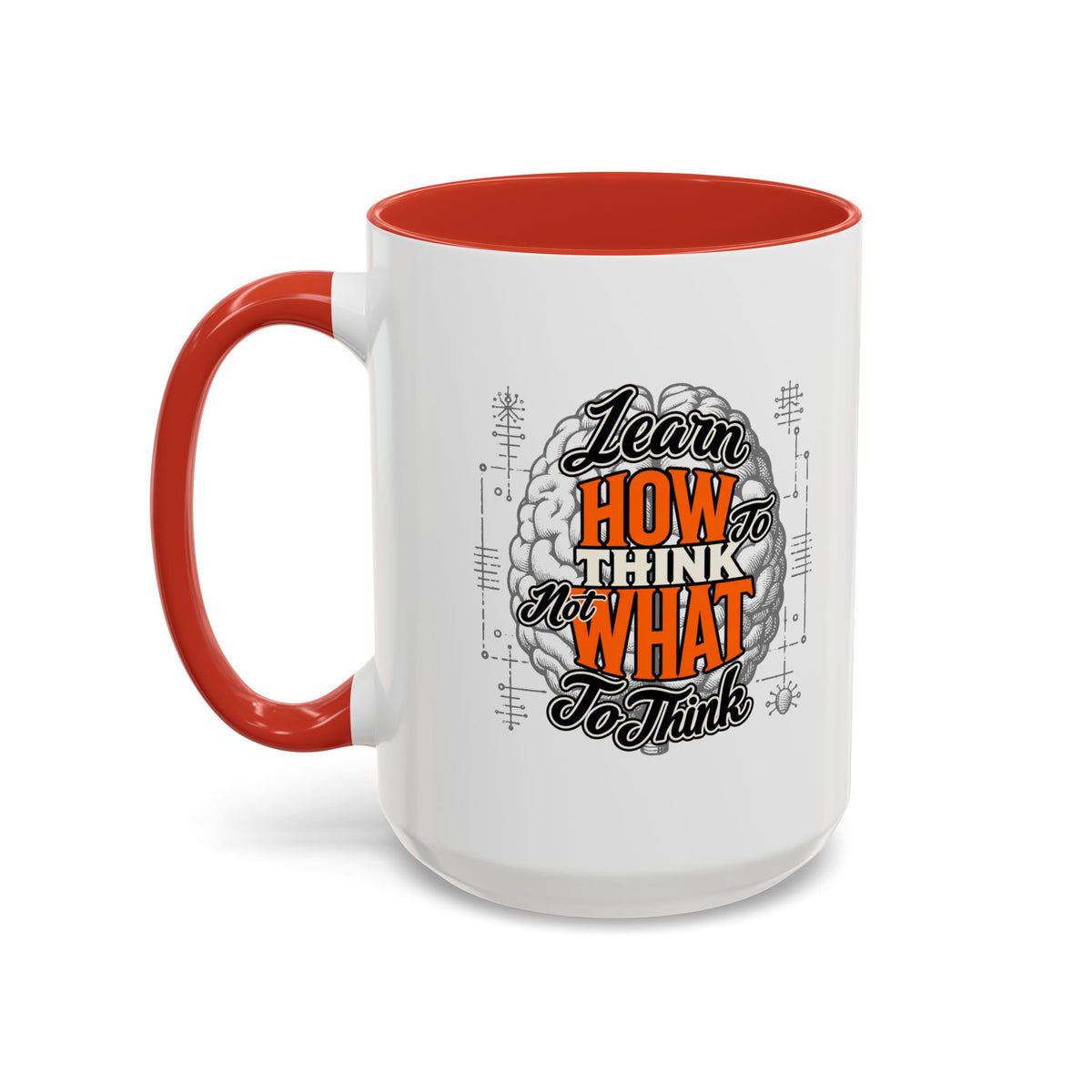 Taza de café con acento: "Aprende a pensar, no qué pensar", taza con frase inspiradora