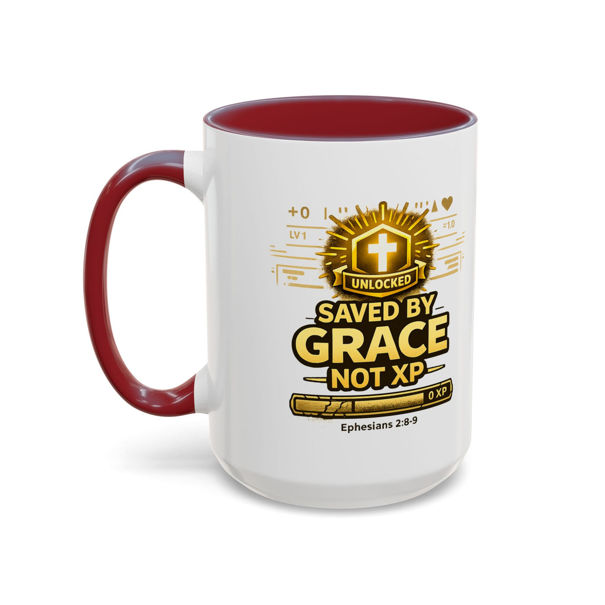 Taza de café "Saved by Grace" — Taza de acento para gamer cristiano "Not XP" de 11/15 oz