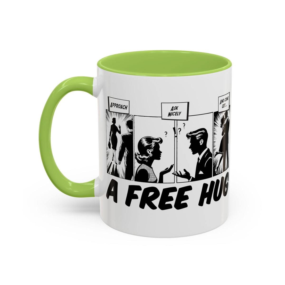 Free Hug Day Accent Coffee Mug – Funny Black & White Comic Speech Bubble Design (11/15 oz)
