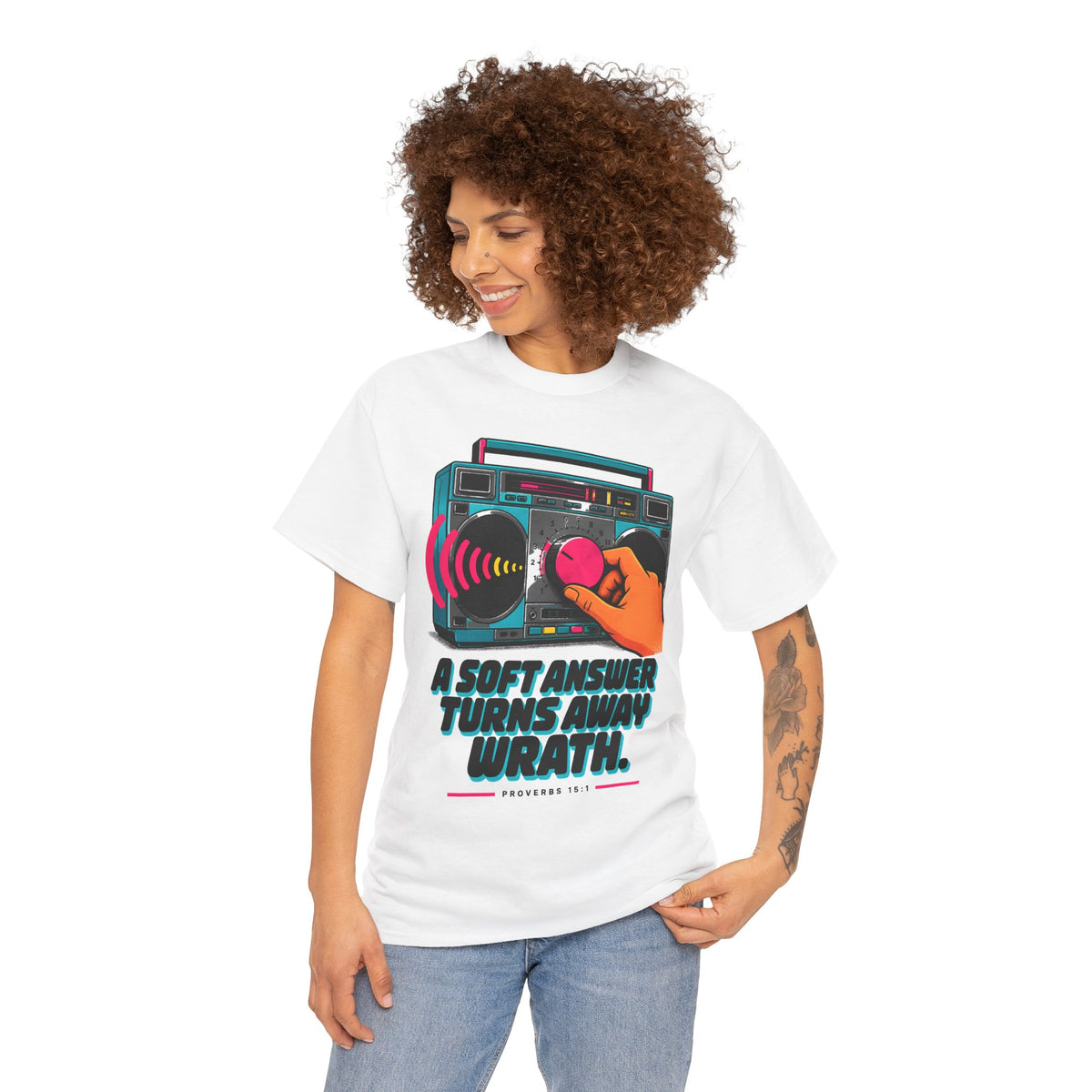 Camiseta "Turn Down the Volume" Boombox | Camiseta de Proverbios 15:1 "A Soft Answer"