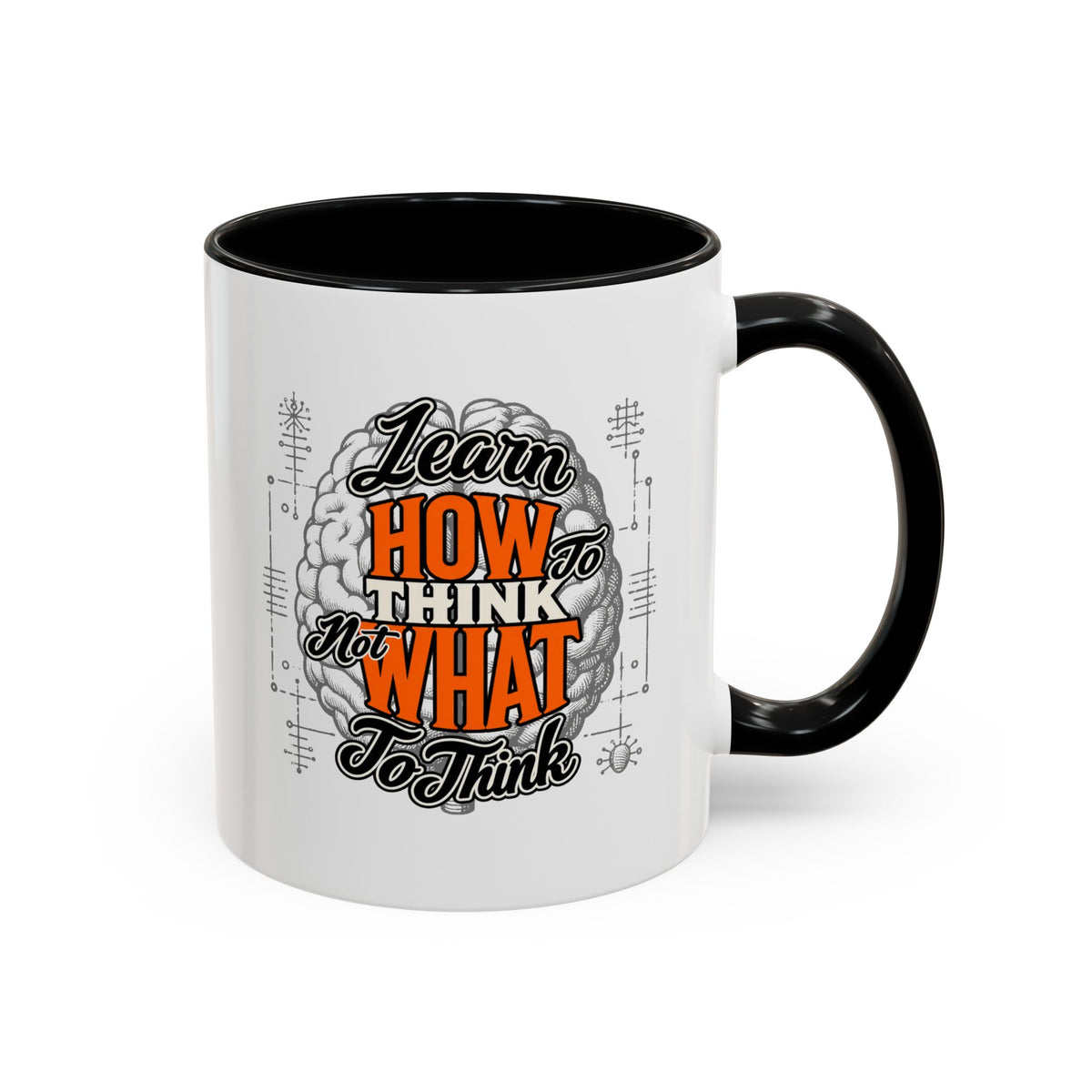 Taza de café con acento: "Aprende a pensar, no qué pensar", taza con frase inspiradora