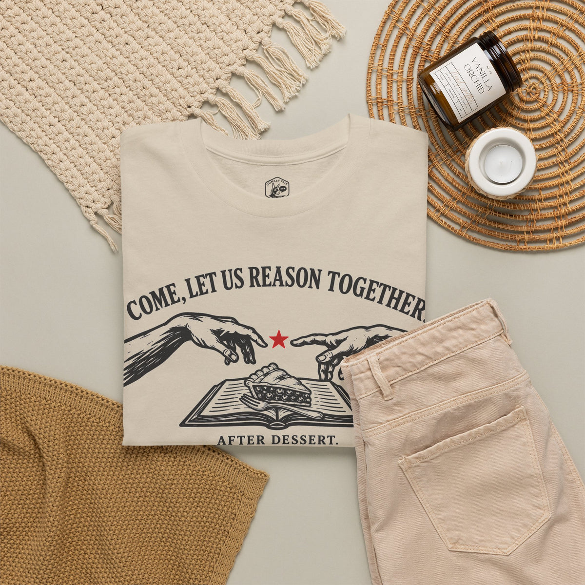 Come Let Us Reason Together After Dessert T-shirt – Donkey Talk graphic tee