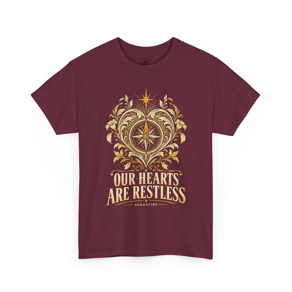 Our Hearts Are Restless Gold Compass Heart T-shirt – Donkey Talk graphic tee