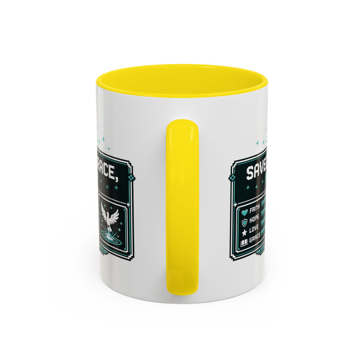 Christian Coffee Mug — "Saved by Grace, Not XP" Gamer Faith Accent Mug