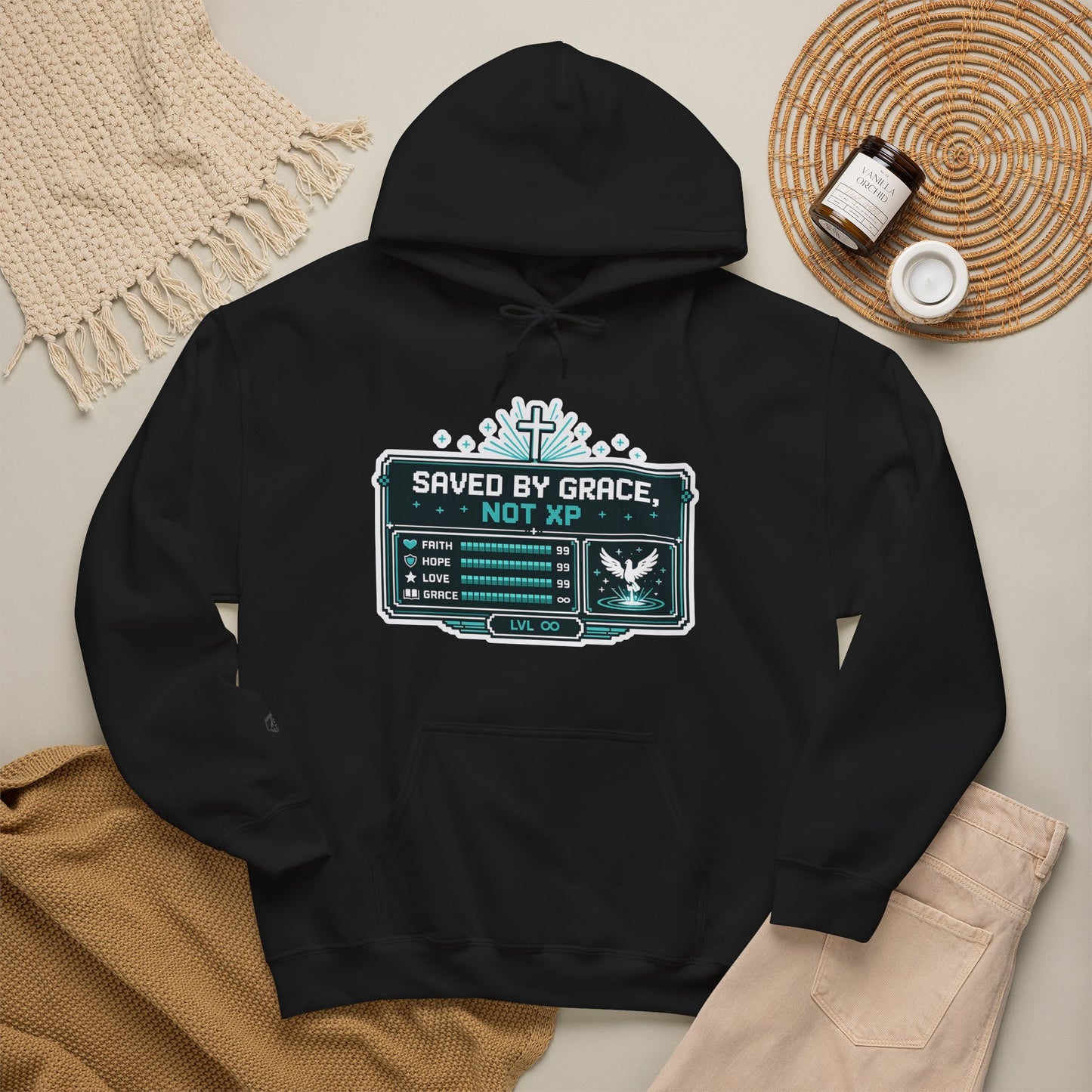 Christian Gamer Hoodie - "Saved by Grace, Not XP" Faith & Gaming Pullover