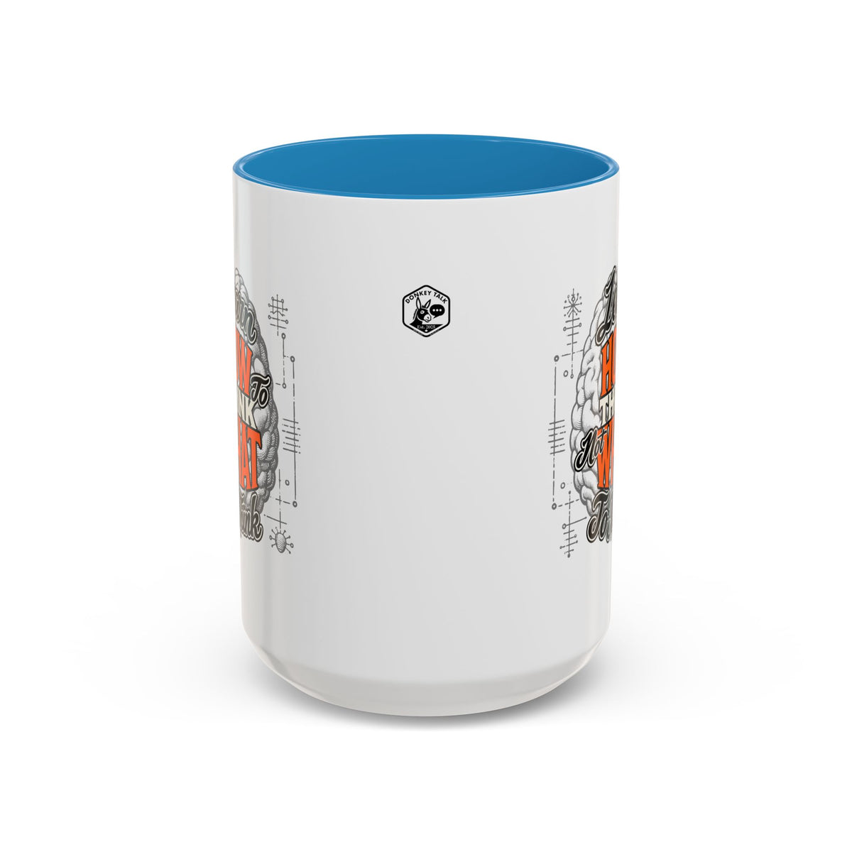 Taza de café con acento: "Aprende a pensar, no qué pensar", taza con frase inspiradora