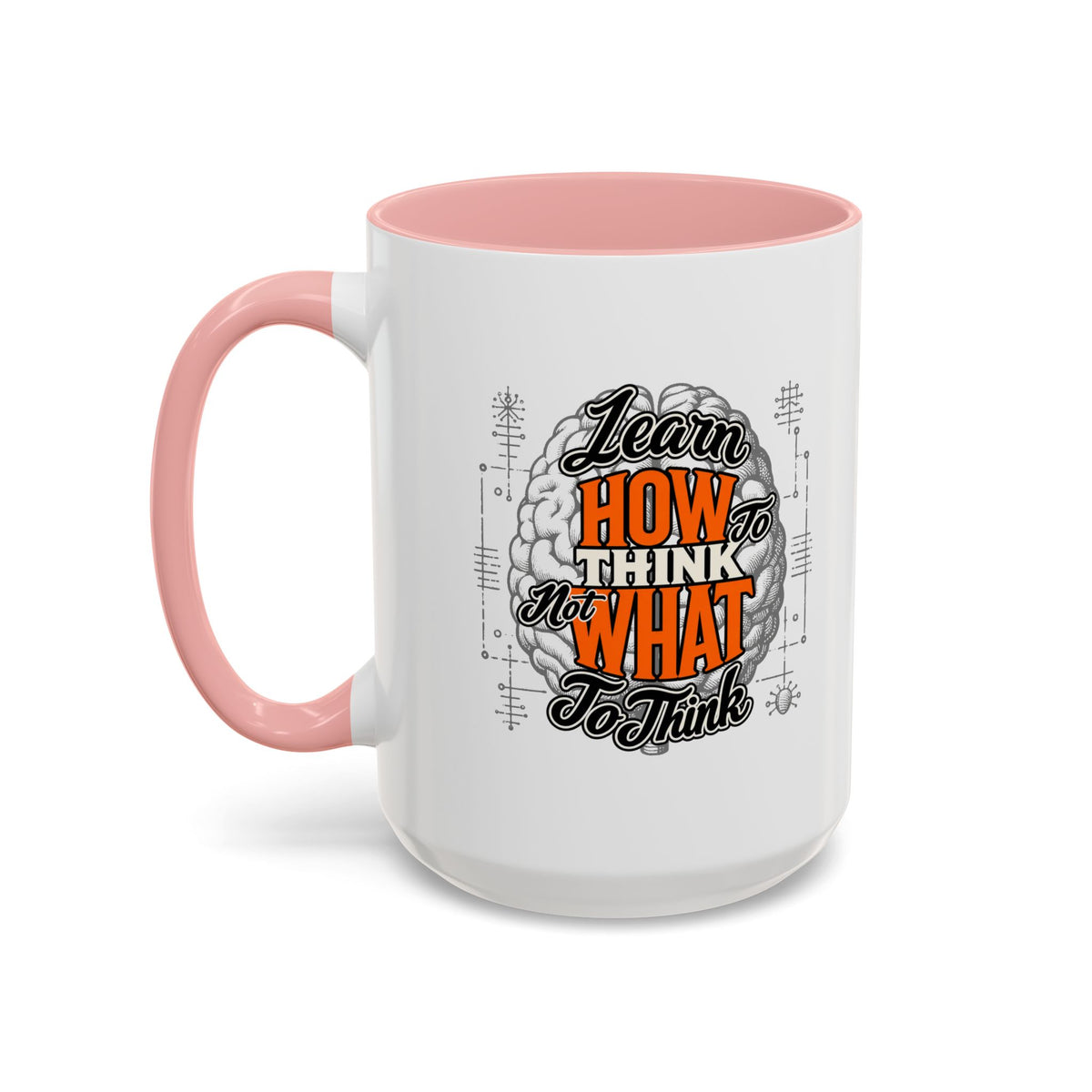 Taza de café con acento: "Aprende a pensar, no qué pensar", taza con frase inspiradora