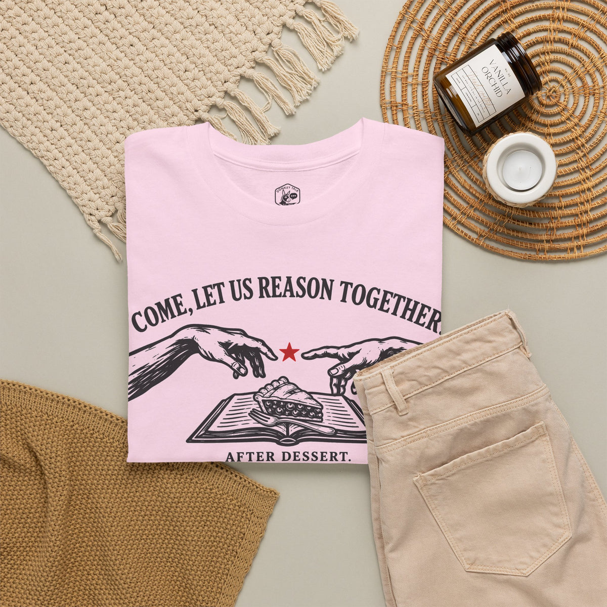Come Let Us Reason Together After Dessert T-shirt – Donkey Talk graphic tee