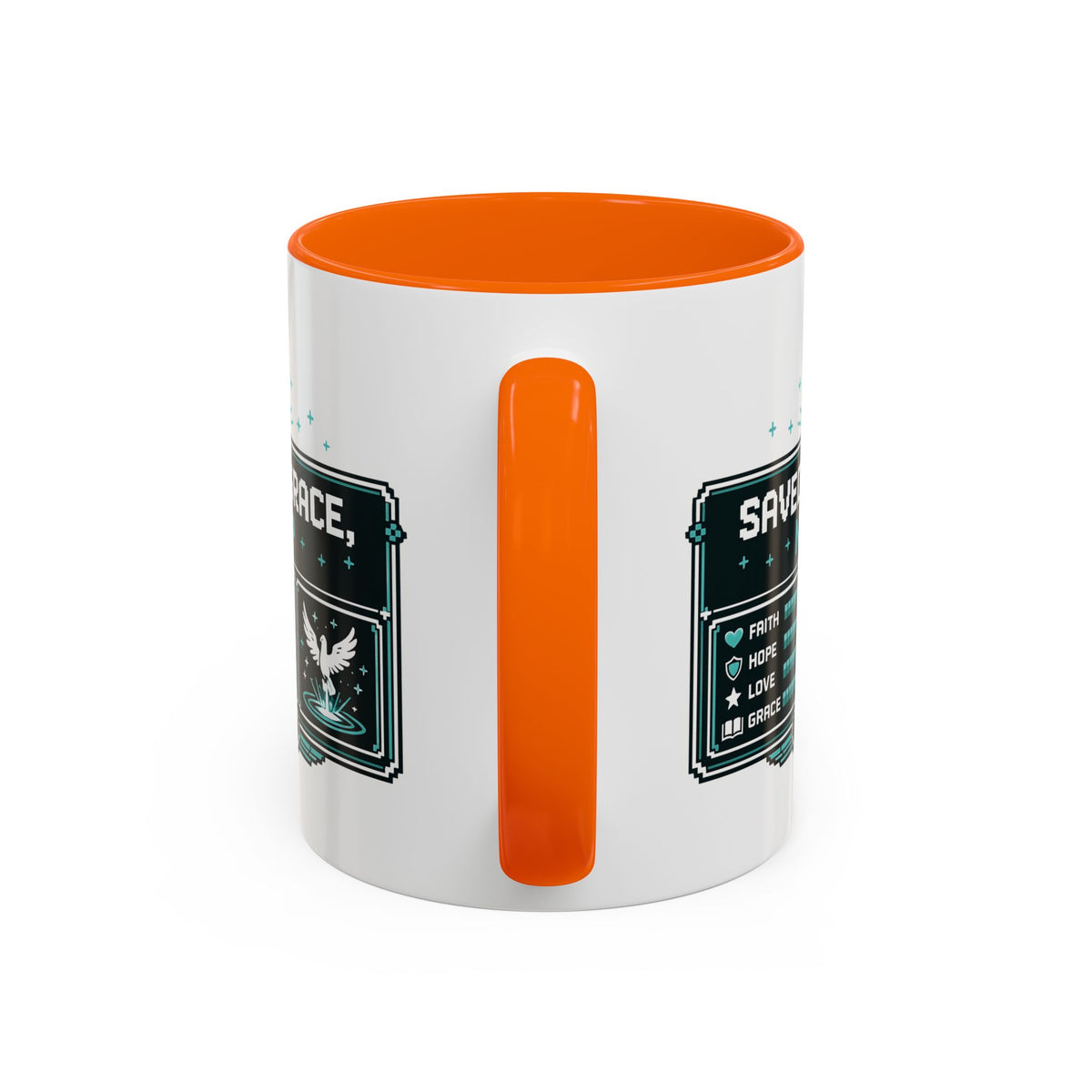 Christian Coffee Mug — "Saved by Grace, Not XP" Gamer Faith Accent Mug