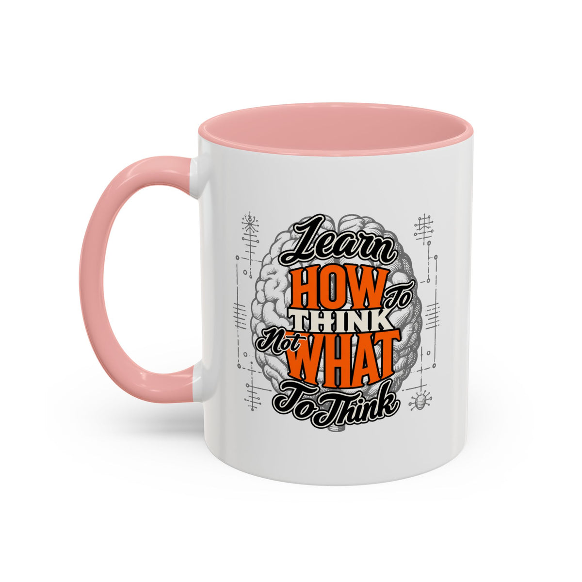 Taza de café con acento: "Aprende a pensar, no qué pensar", taza con frase inspiradora