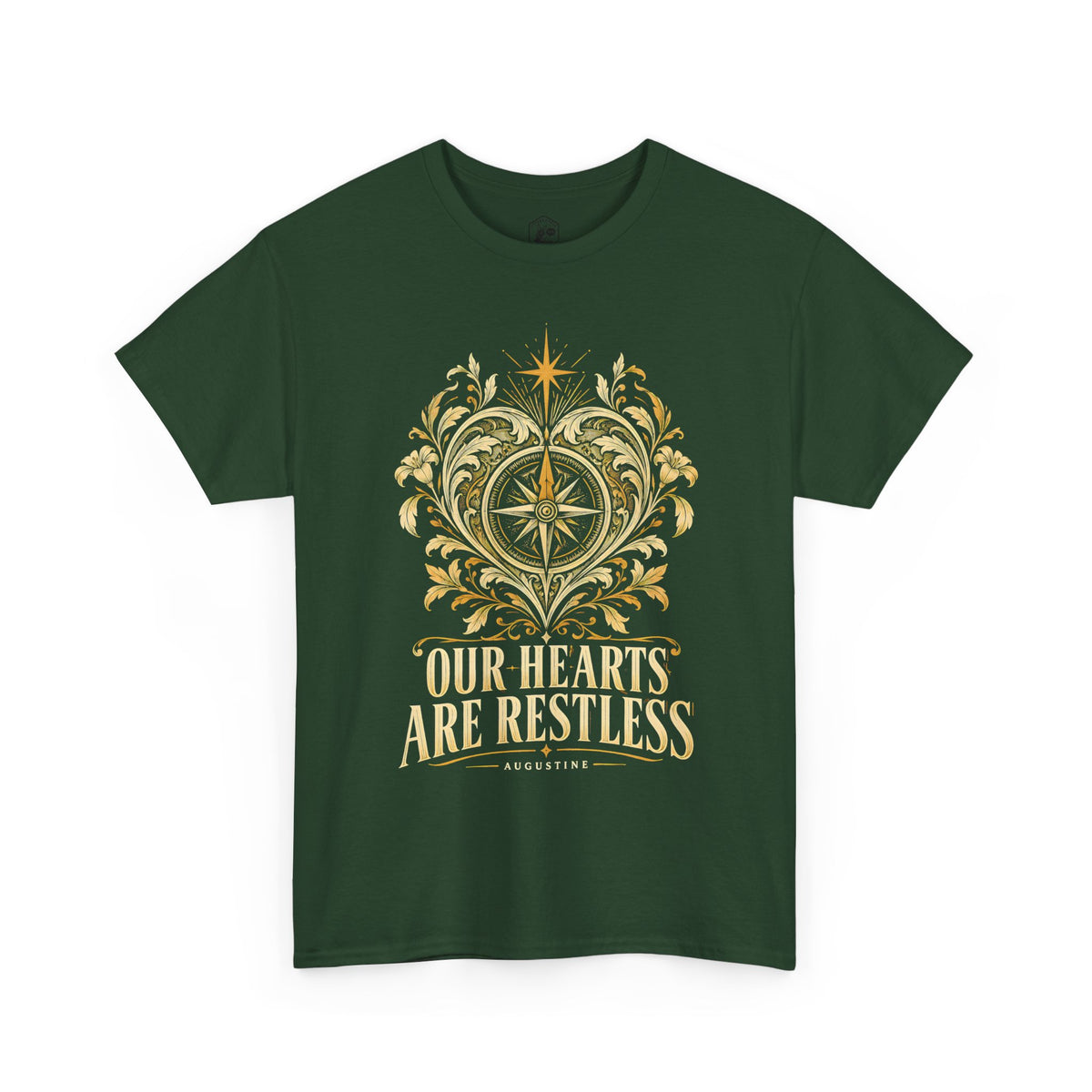 Our Hearts Are Restless Gold Compass Heart T-shirt – Donkey Talk graphic tee