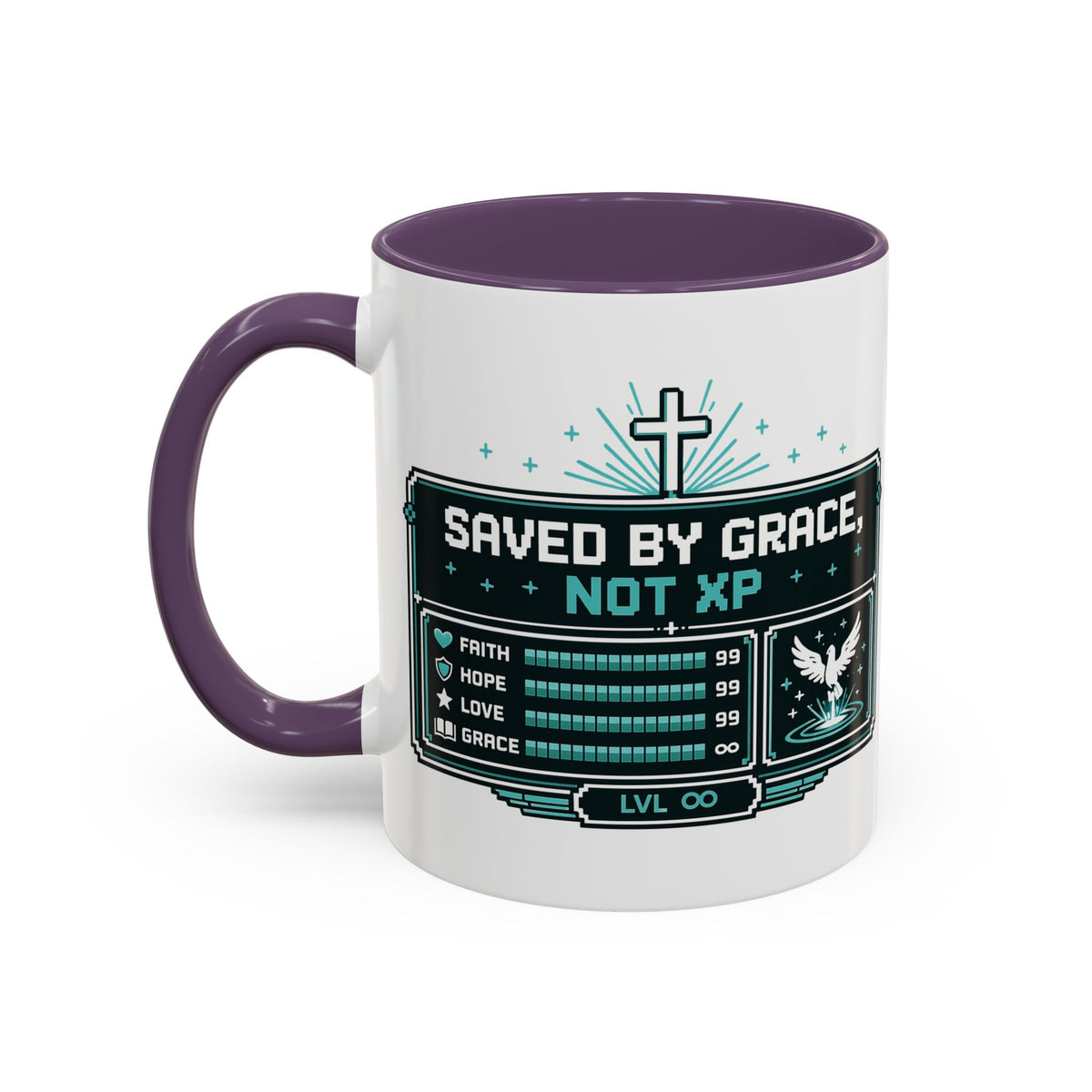 Christian Coffee Mug — "Saved by Grace, Not XP" Gamer Faith Accent Mug