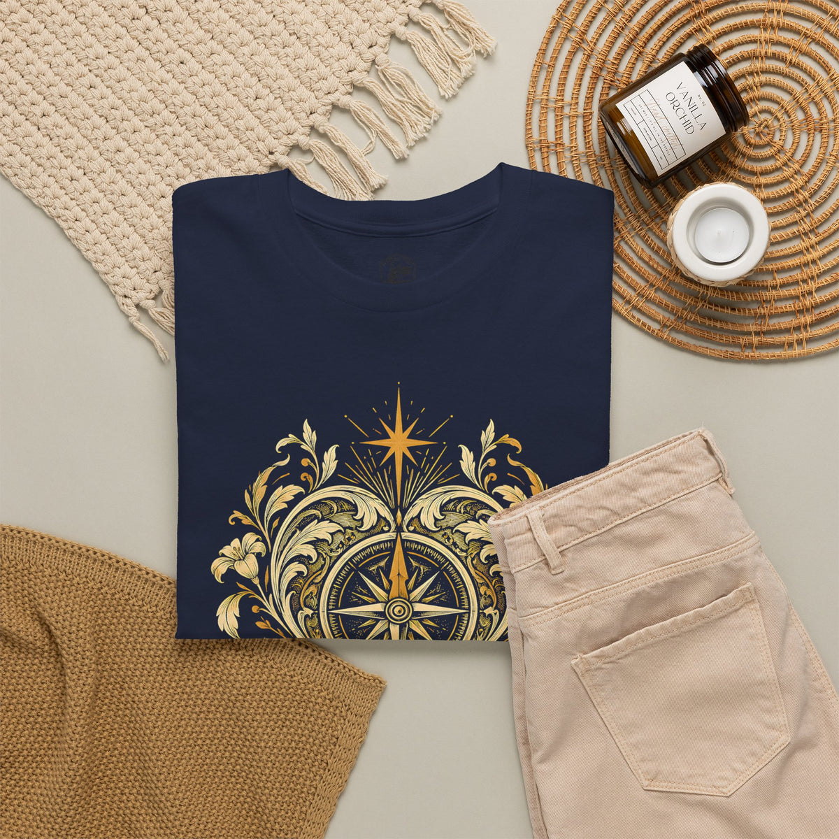 Our Hearts Are Restless Gold Compass Heart T-Shirt | Augustine Christian Tee