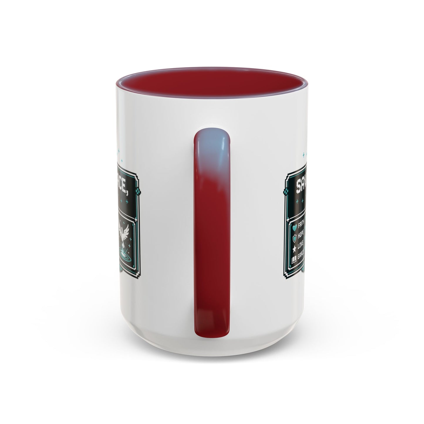 Christian Coffee Mug — "Saved by Grace, Not XP" Gamer Faith Accent Mug