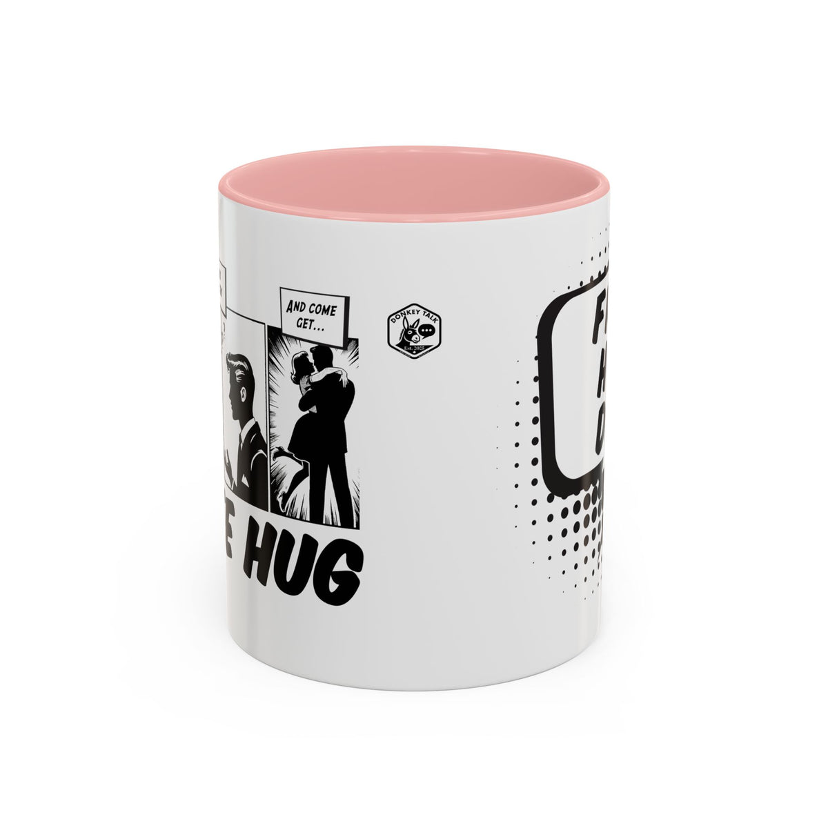 Free Hug Day comic speech bubble coffee mug – Donkey Talk ceramic mug