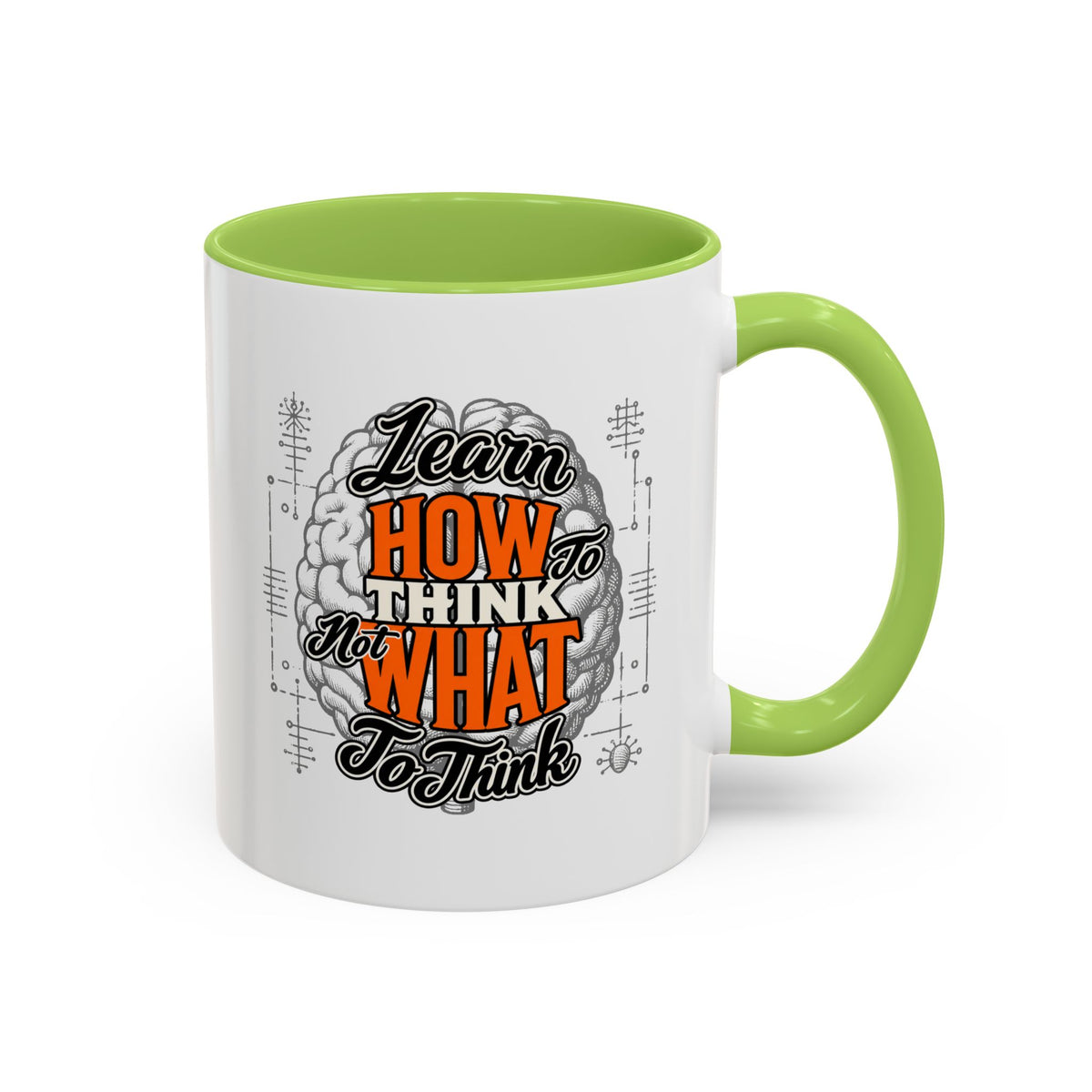 Taza de café con acento: "Aprende a pensar, no qué pensar", taza con frase inspiradora