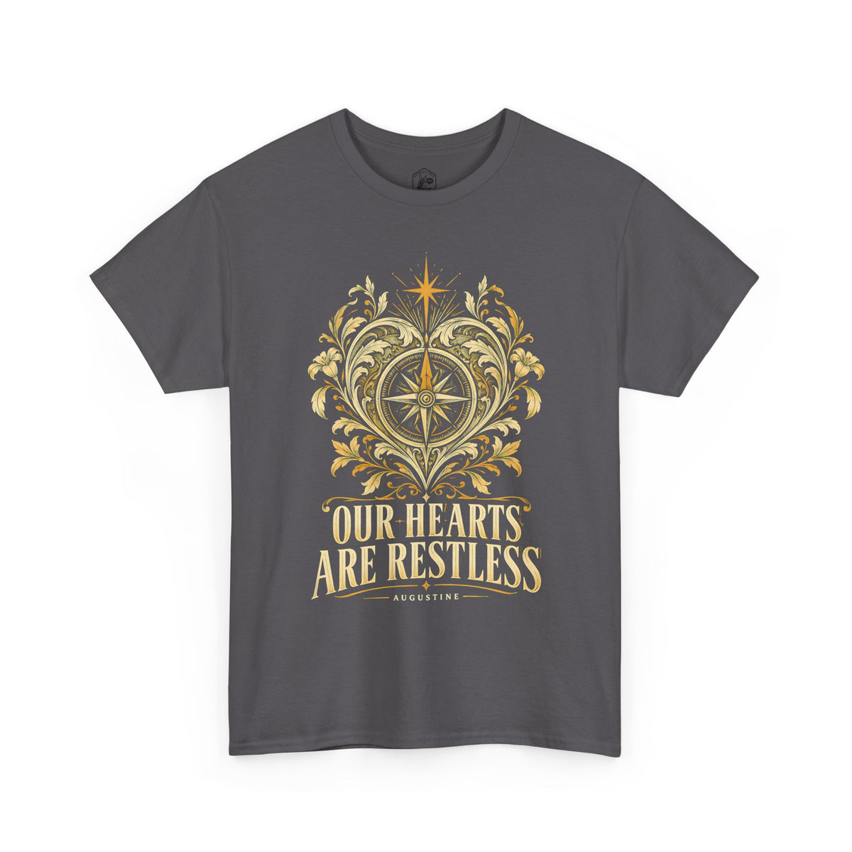 Our Hearts Are Restless Gold Compass Heart T-shirt – Donkey Talk graphic tee