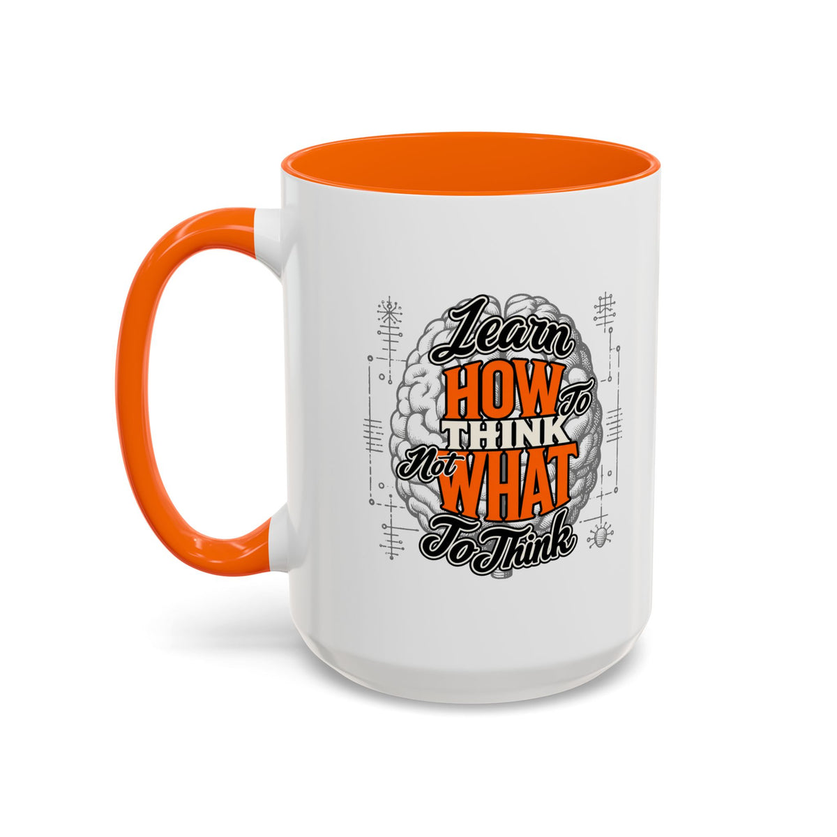 Taza de café con acento: "Aprende a pensar, no qué pensar", taza con frase inspiradora
