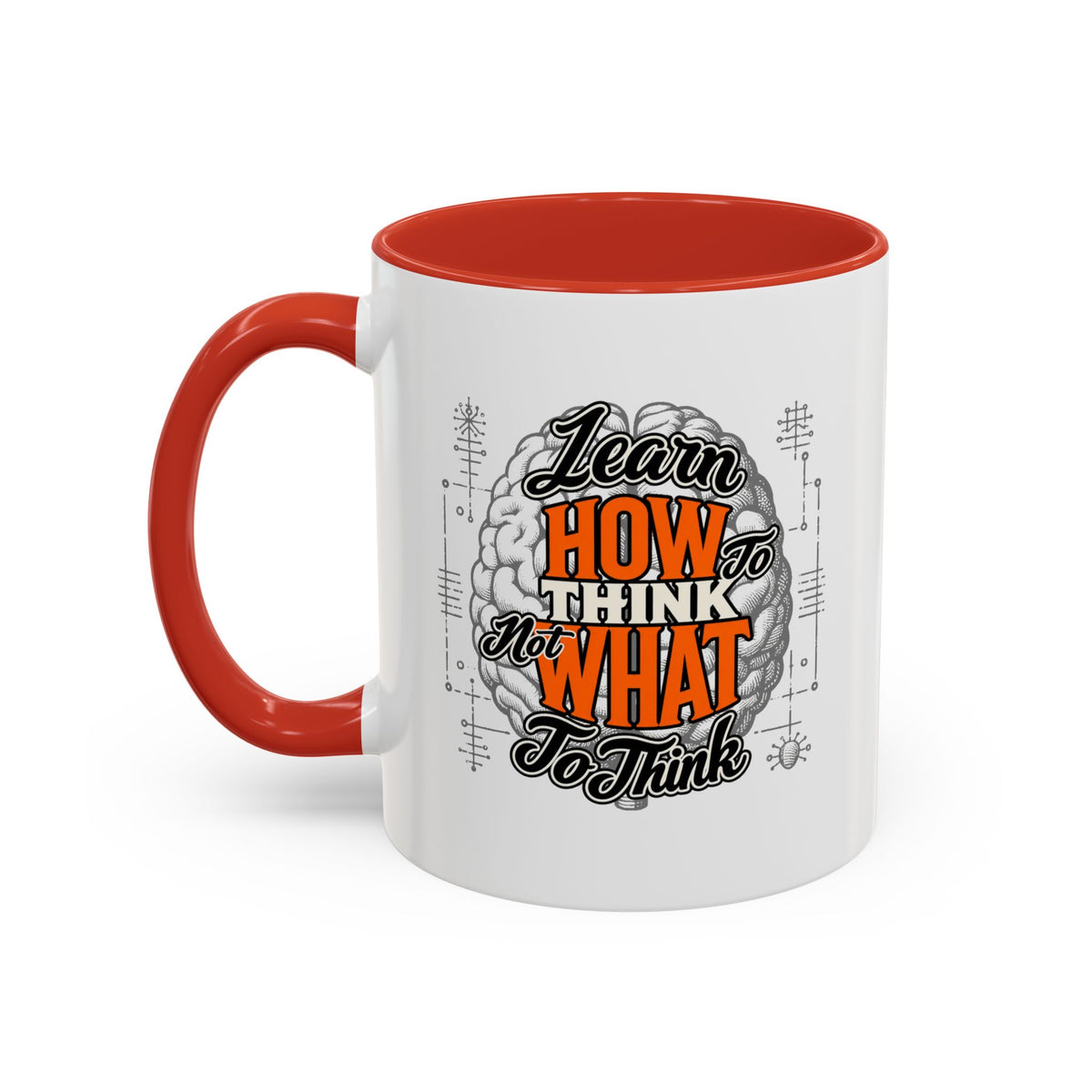 Taza de café con acento: "Aprende a pensar, no qué pensar", taza con frase inspiradora