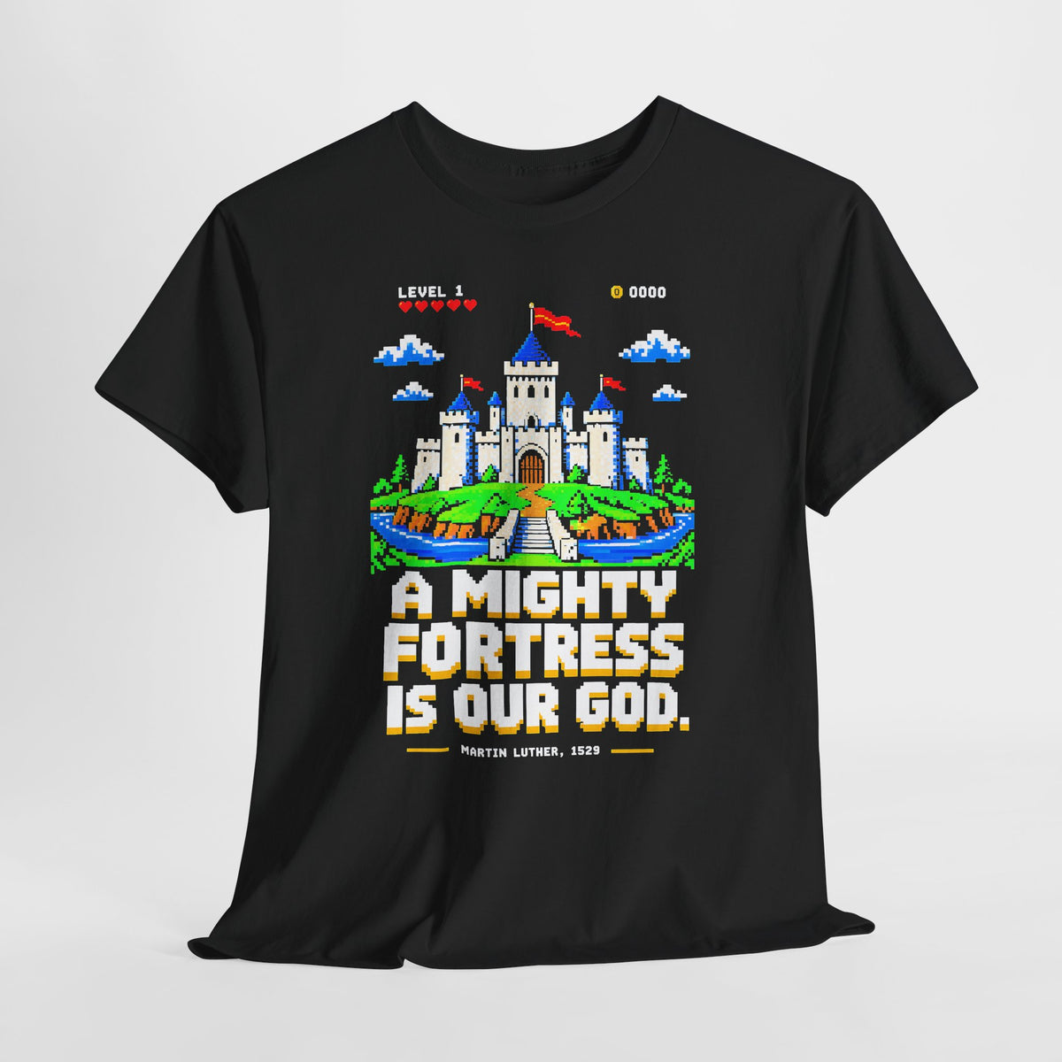 A Mighty Fortress 8-Bit Castle T-shirt – Donkey Talk graphic tee