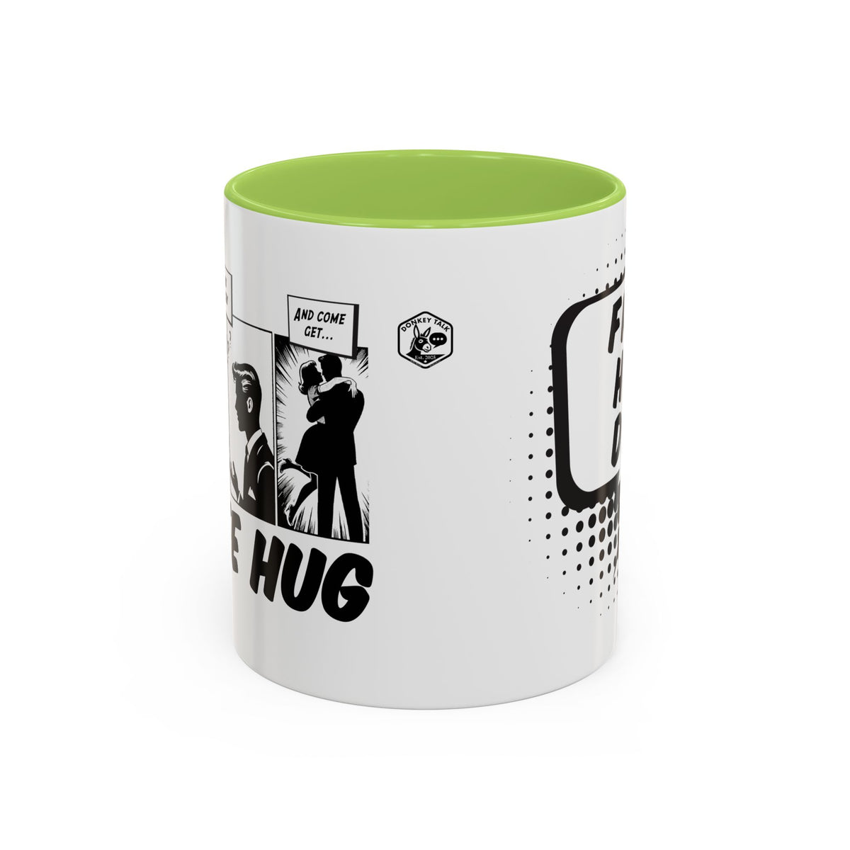 Free Hug Day comic speech bubble coffee mug – Donkey Talk ceramic mug