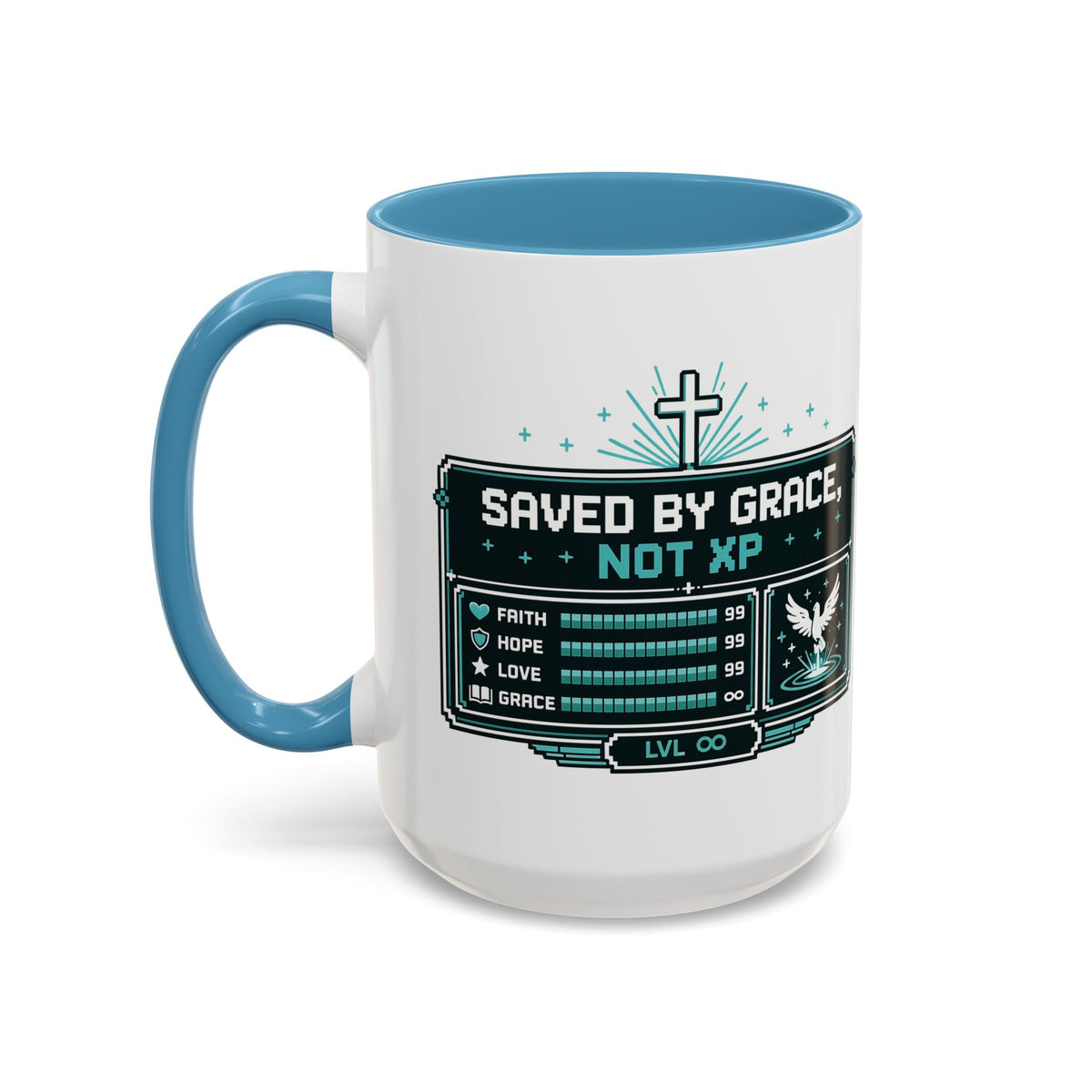Christian Coffee Mug — "Saved by Grace, Not XP" Gamer Faith Accent Mug