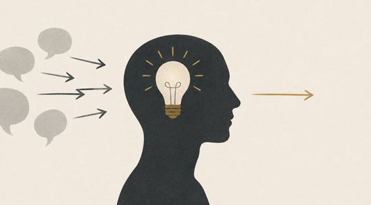A silhouetted head with a glowing lightbulb inside, receiving many speech bubbles from the left and sending one clear arrow of thought to the right