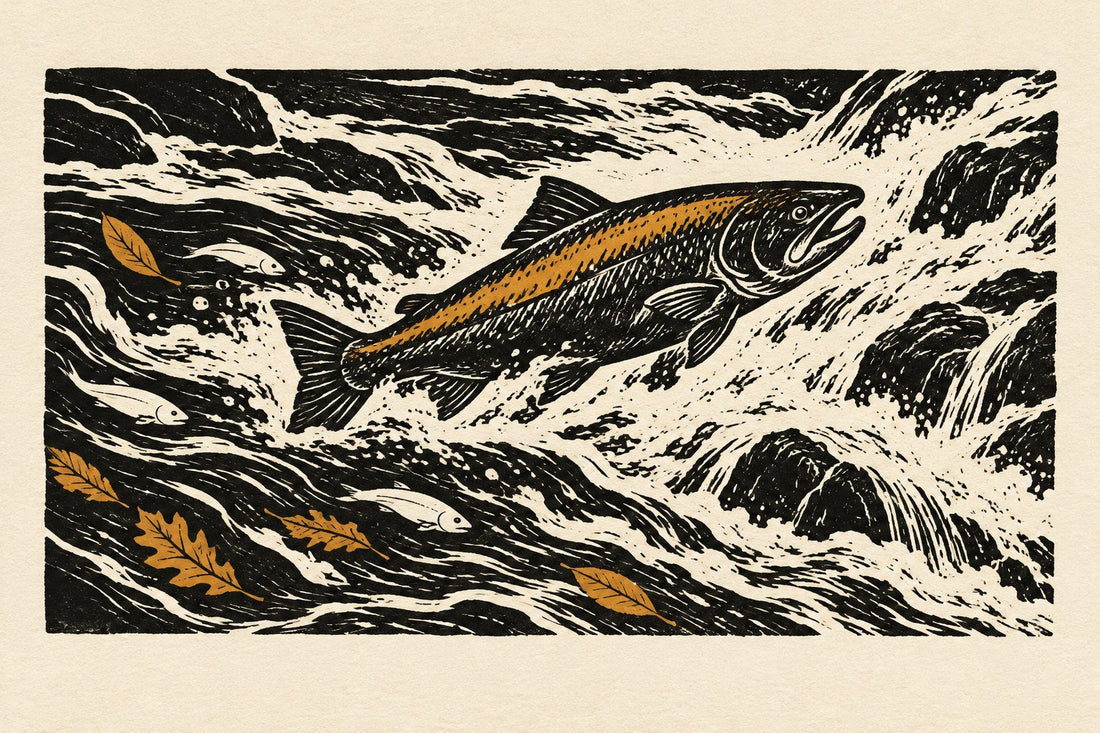 A fish swimming upstream through rapids while dead leaves drift the other way