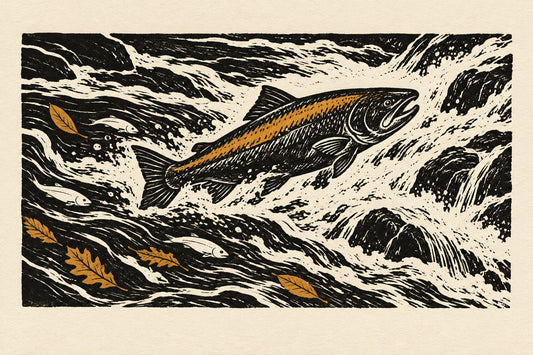 A fish swimming upstream through rapids while dead leaves drift the other way