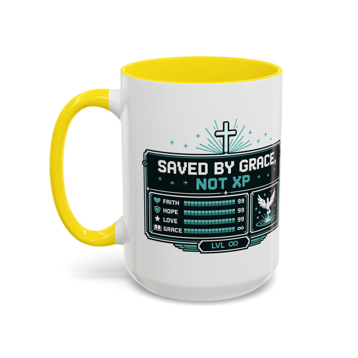 Christian Coffee Mug — "Saved by Grace, Not XP" Gamer Faith Accent Mug