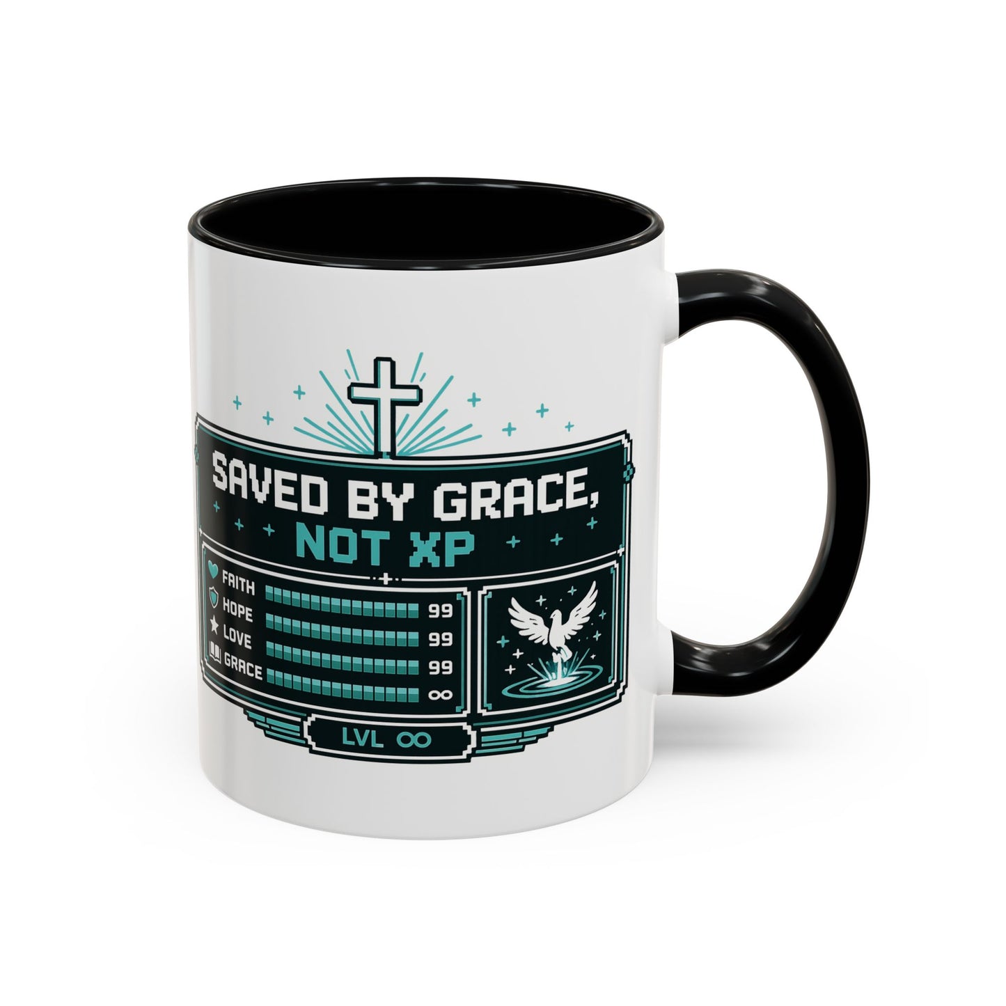 Christian Coffee Mug — "Saved by Grace, Not XP" Gamer Faith Accent Mug