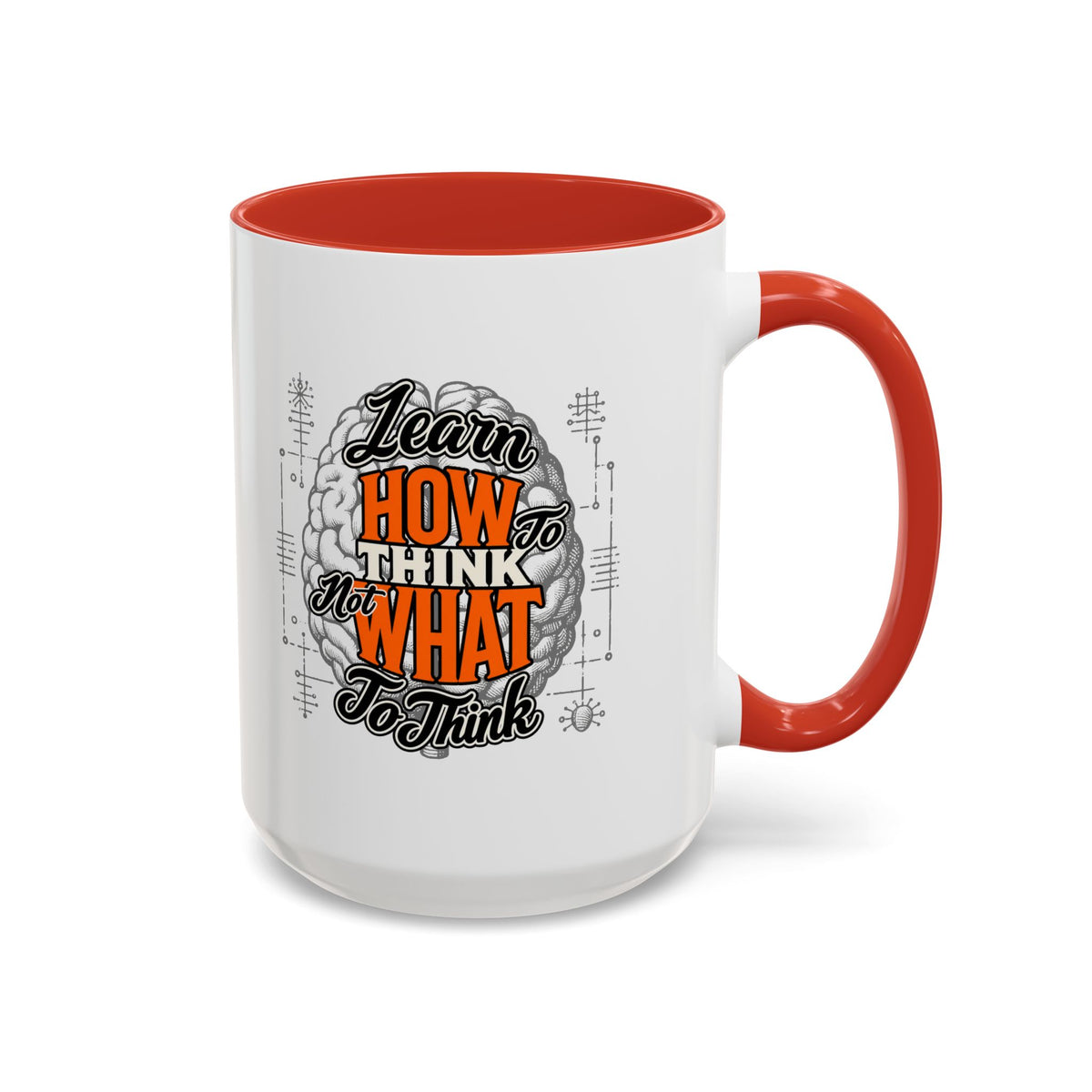 Taza de café con acento: "Aprende a pensar, no qué pensar", taza con frase inspiradora