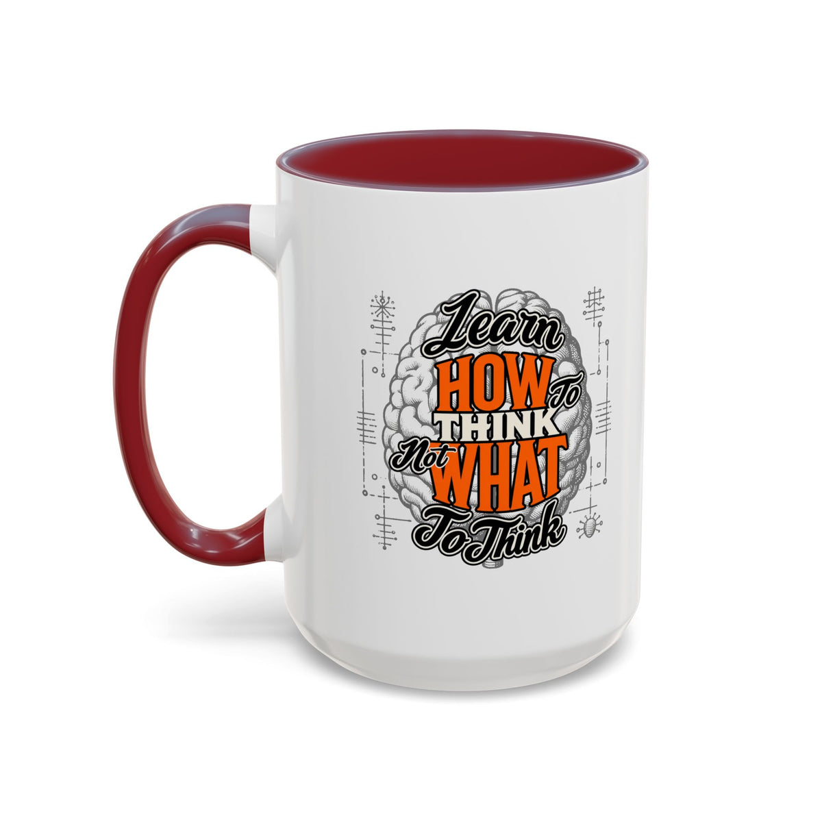 Taza de café con acento: "Aprende a pensar, no qué pensar", taza con frase inspiradora