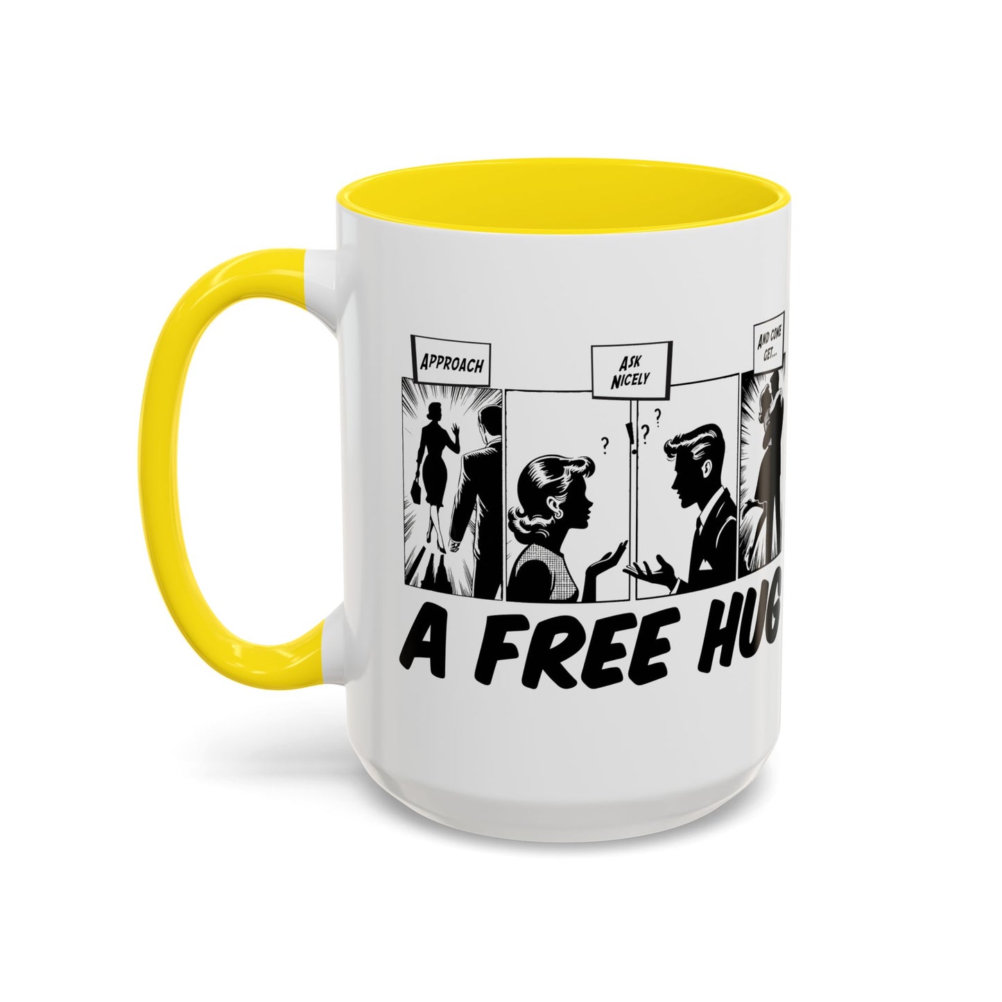 Free Hug Day Accent Coffee Mug – Funny Black & White Comic Speech Bubble Design (11/15 oz)