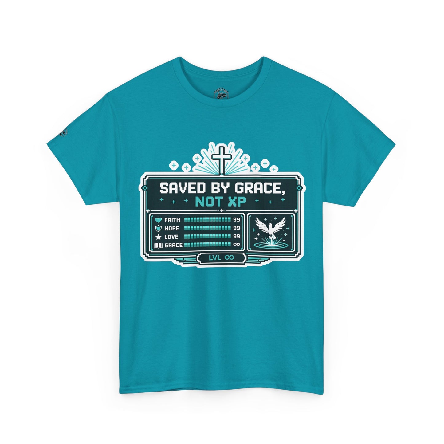 Christian Gamer Tee — "Saved by Grace, Not XP" Graphic T-Shirt