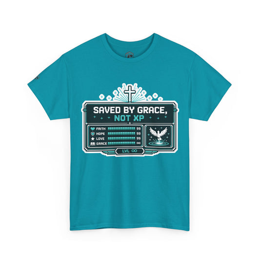 Christian Gamer Tee — "Saved by Grace, Not XP" Graphic T-Shirt