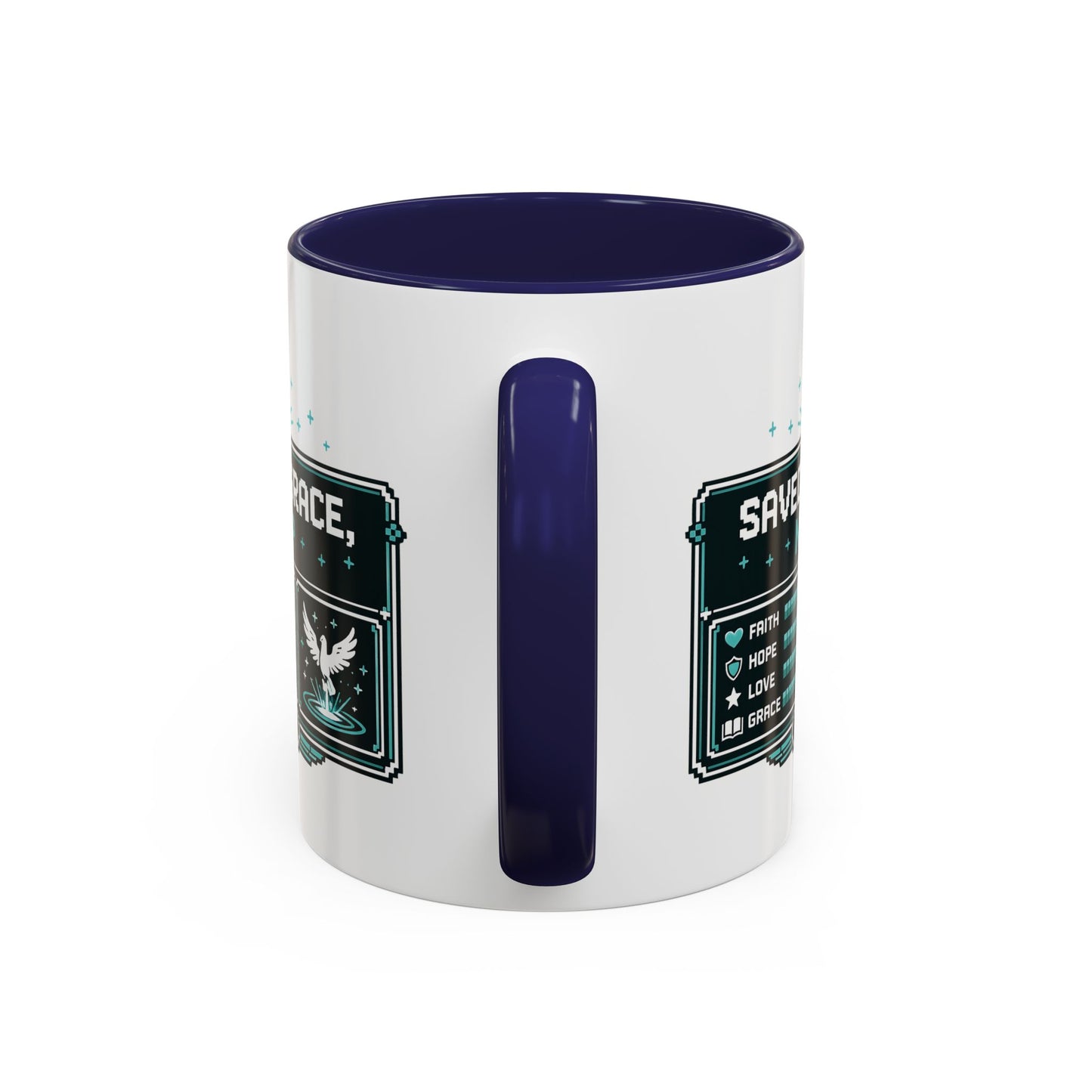 Christian Coffee Mug — "Saved by Grace, Not XP" Gamer Faith Accent Mug
