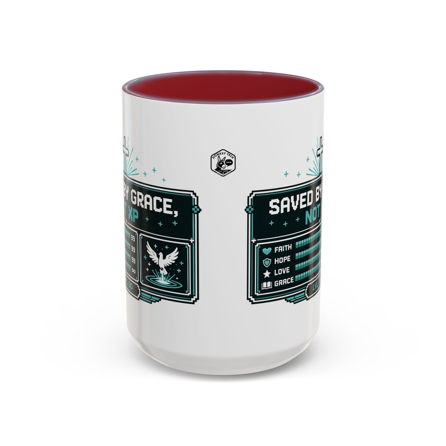 Christian Coffee Mug — "Saved by Grace, Not XP" Gamer Faith Accent Mug