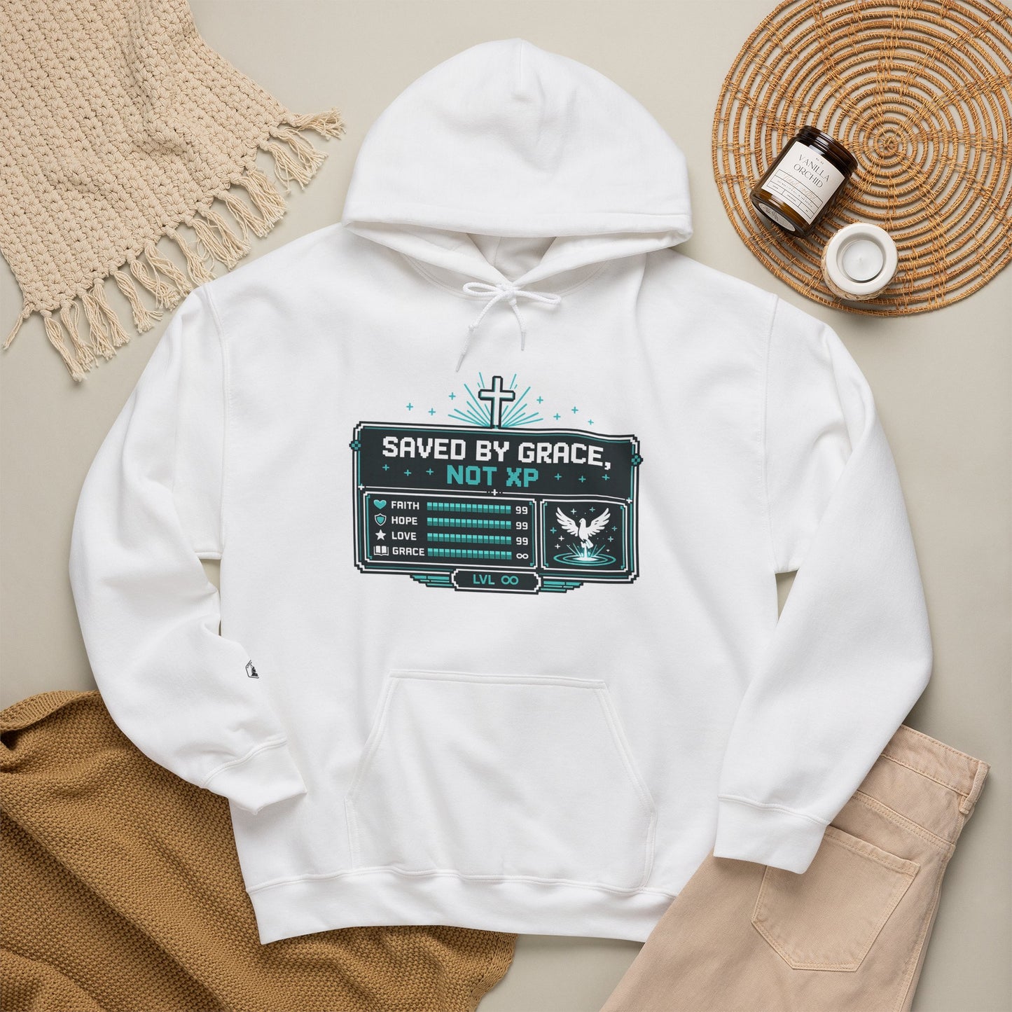 Christian Gamer Hoodie - "Saved by Grace, Not XP" Faith & Gaming Pullover