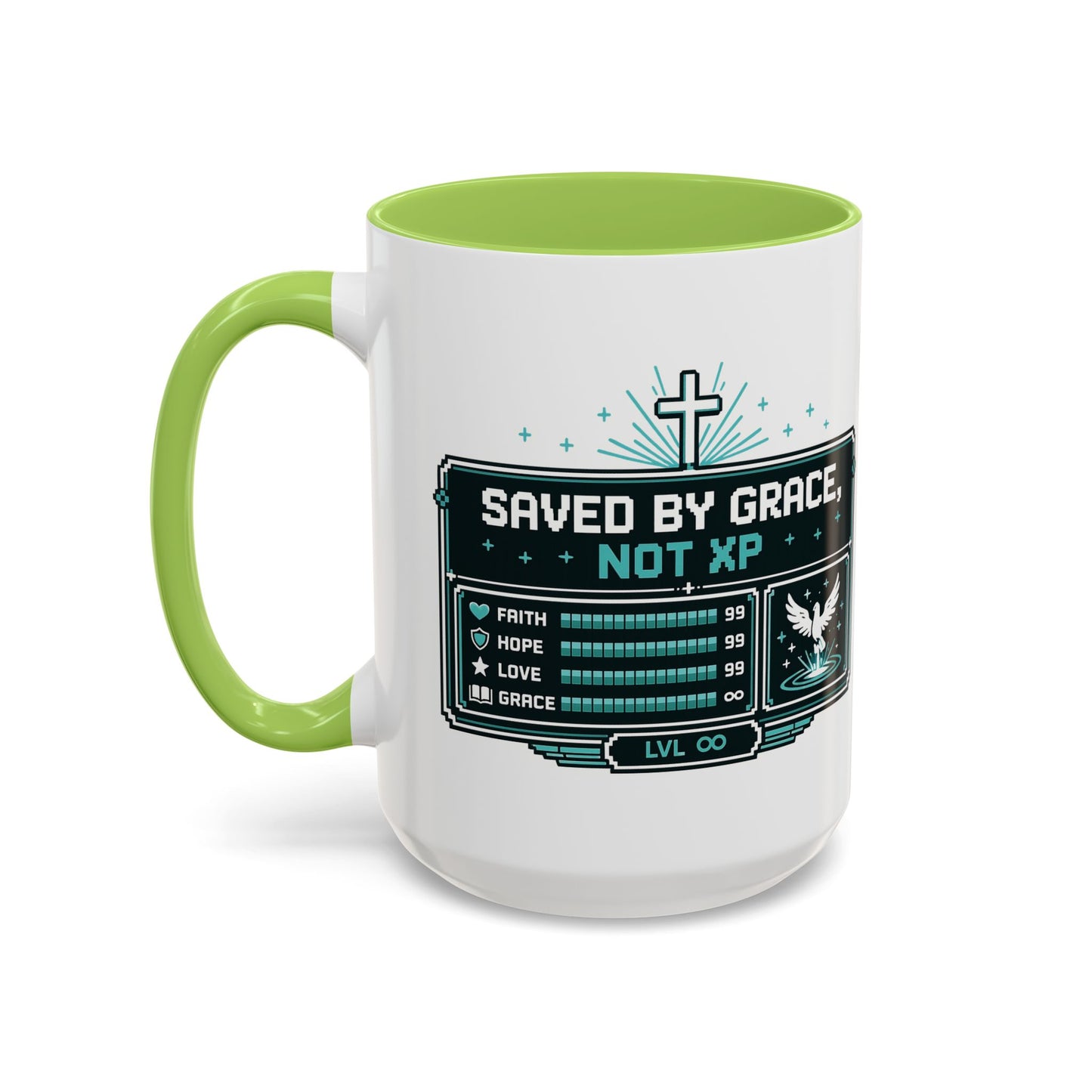Christian Coffee Mug — "Saved by Grace, Not XP" Gamer Faith Accent Mug