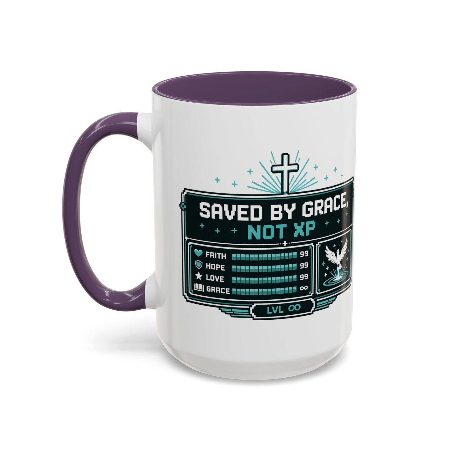 Christian Coffee Mug — "Saved by Grace, Not XP" Gamer Faith Accent Mug