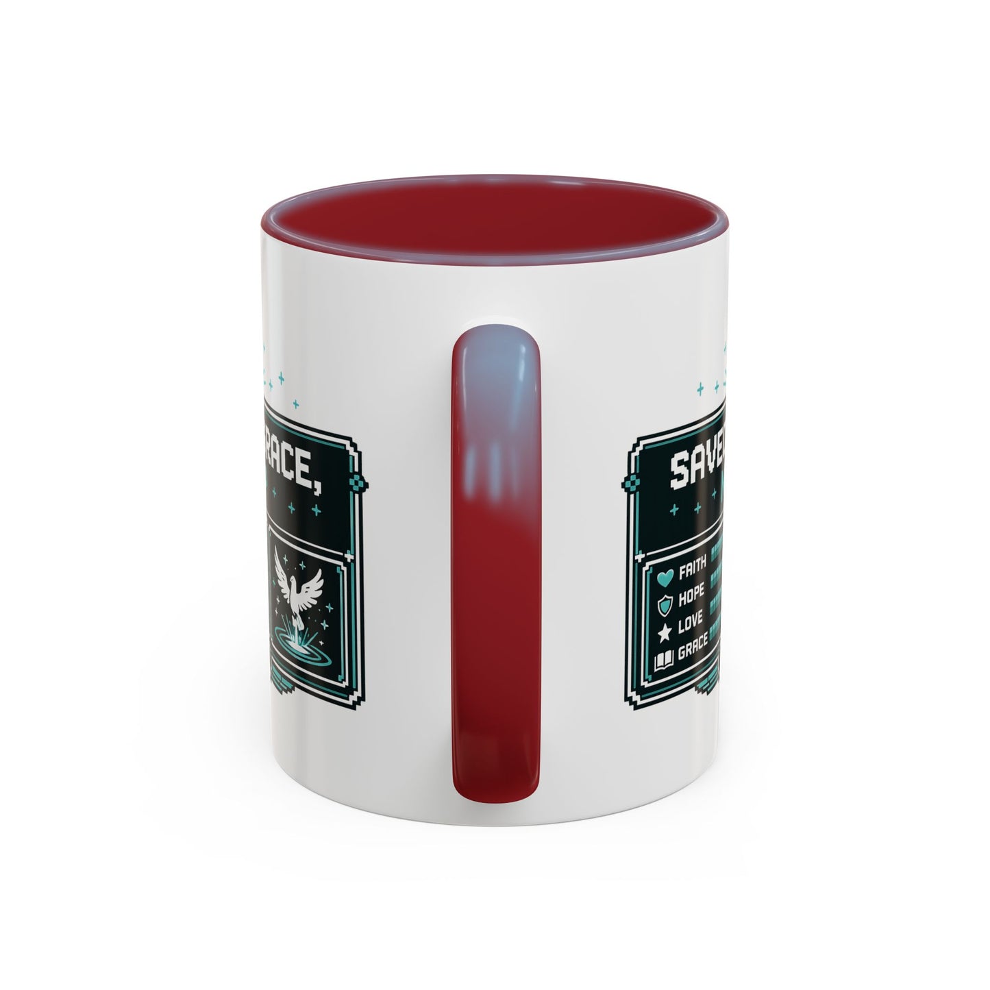 Christian Coffee Mug — "Saved by Grace, Not XP" Gamer Faith Accent Mug
