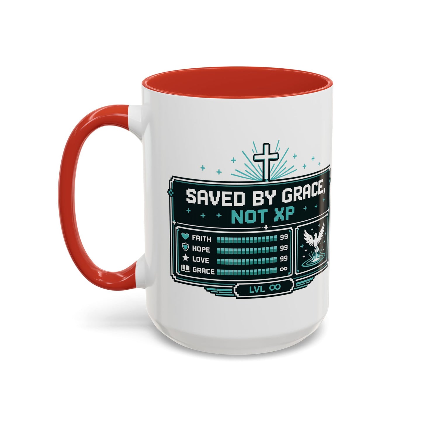 Christian Coffee Mug — "Saved by Grace, Not XP" Gamer Faith Accent Mug