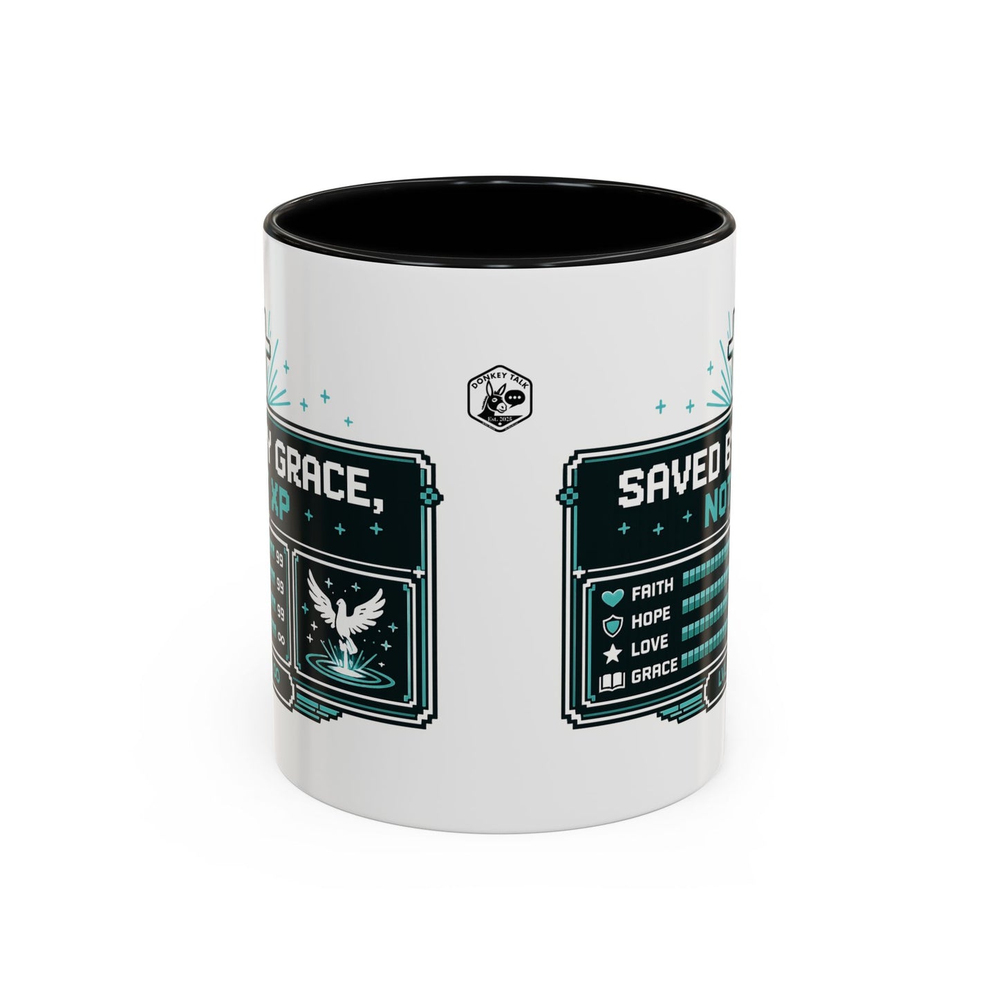 Christian Coffee Mug — "Saved by Grace, Not XP" Gamer Faith Accent Mug