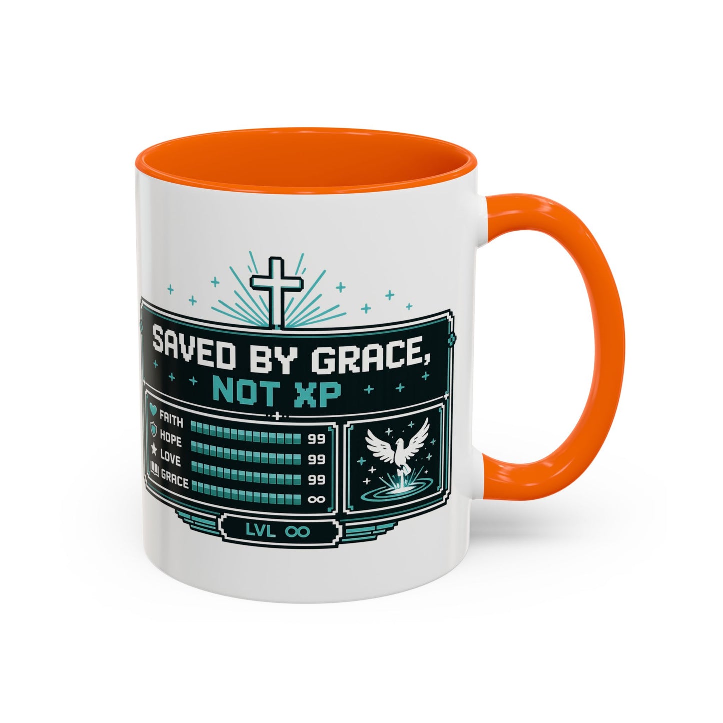 Christian Coffee Mug — "Saved by Grace, Not XP" Gamer Faith Accent Mug